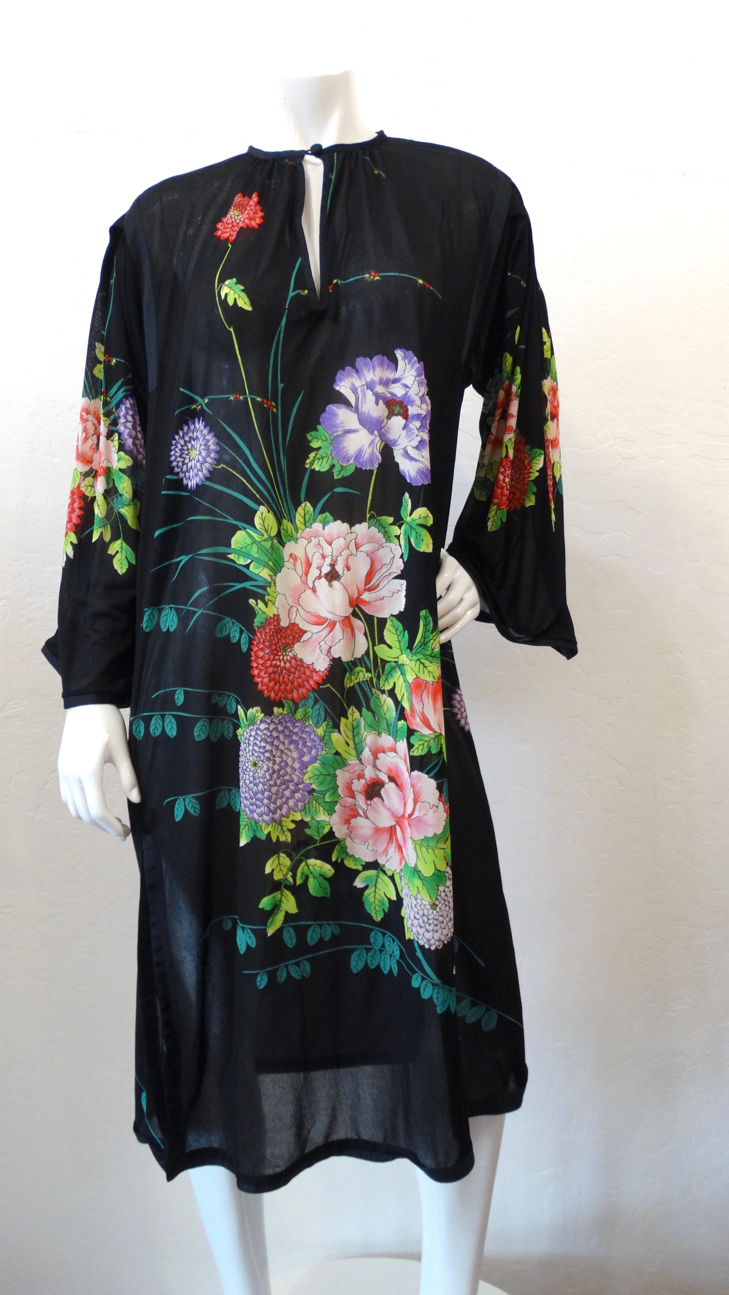Gottex 1970s Black Floral Peasant Dress In Excellent Condition In Scottsdale, AZ