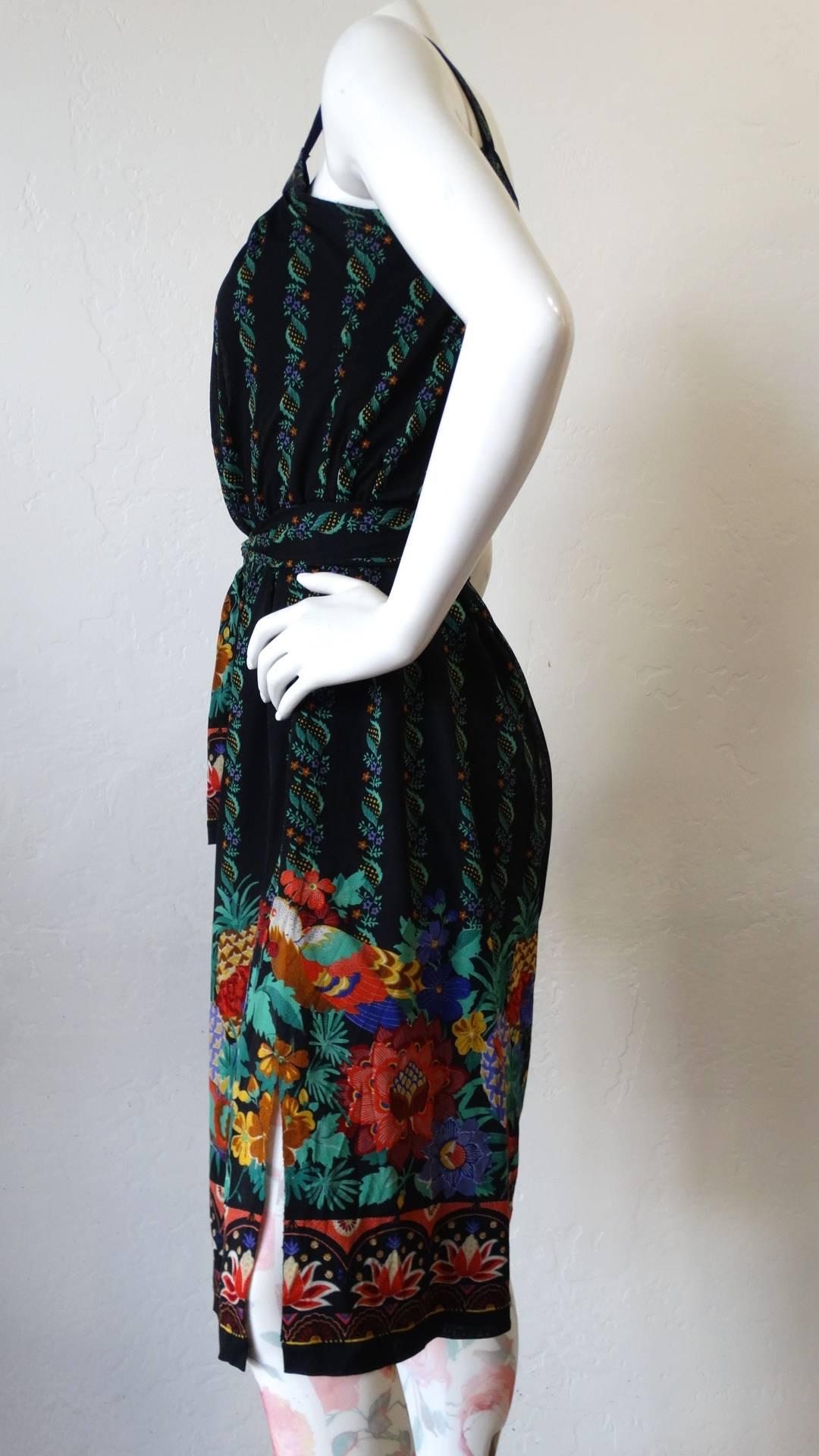 Schwarzes bedrucktes Kleid von Gottex aus den 1970er Jahren mit Blumendruck 7