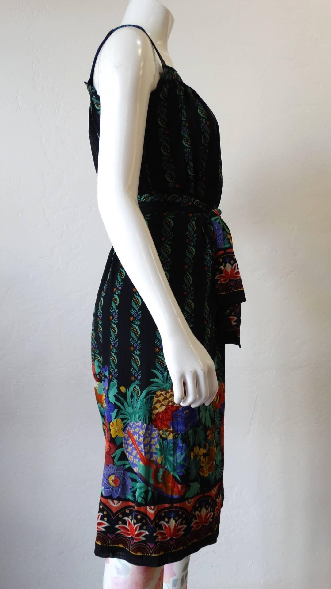 Schwarzes bedrucktes Kleid von Gottex aus den 1970er Jahren mit Blumendruck 2