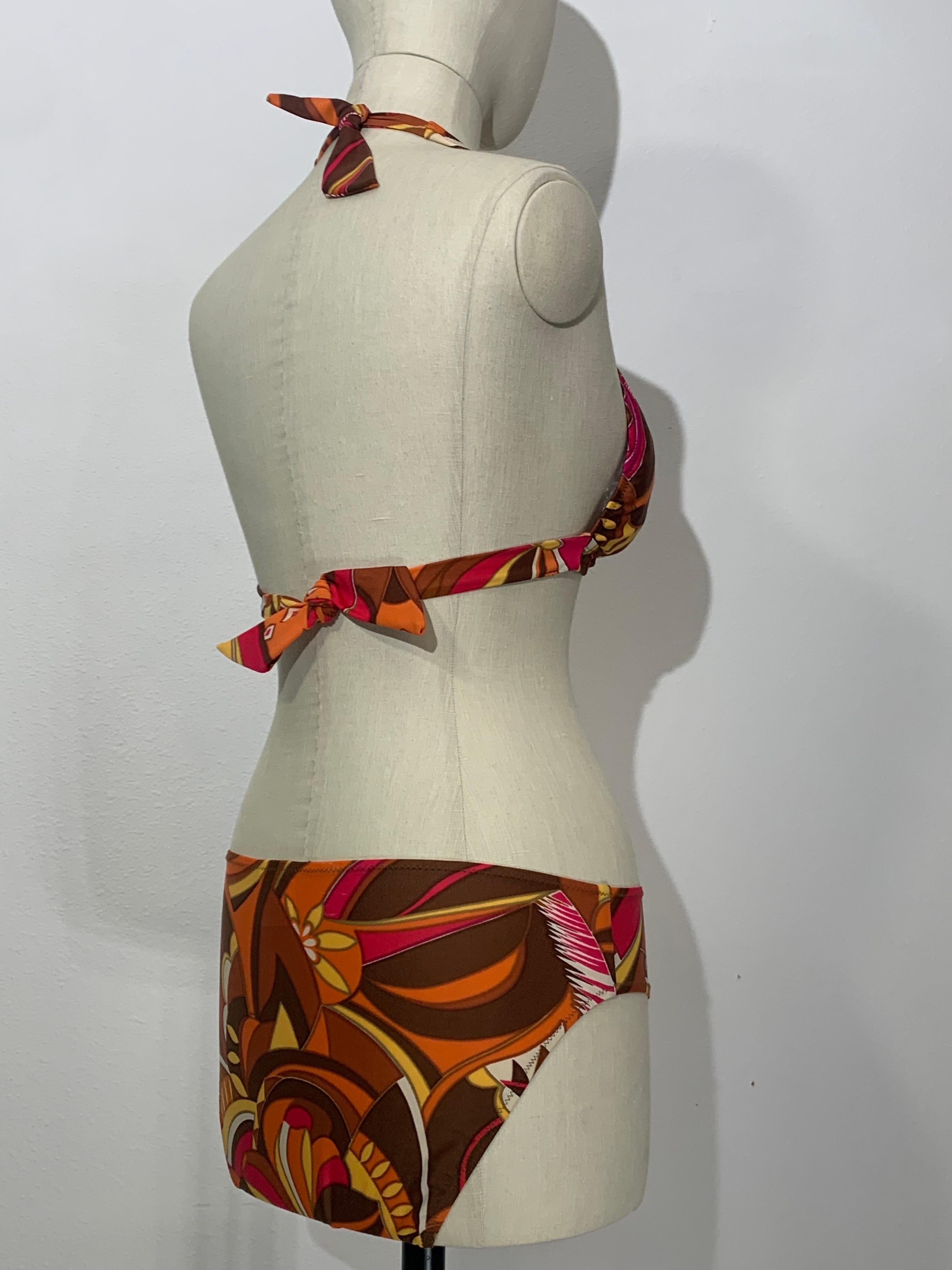 1970s Gottex Stylized Floral 2-Piece Bikini Swimsuit in Brown Copper and Orange For Sale 6