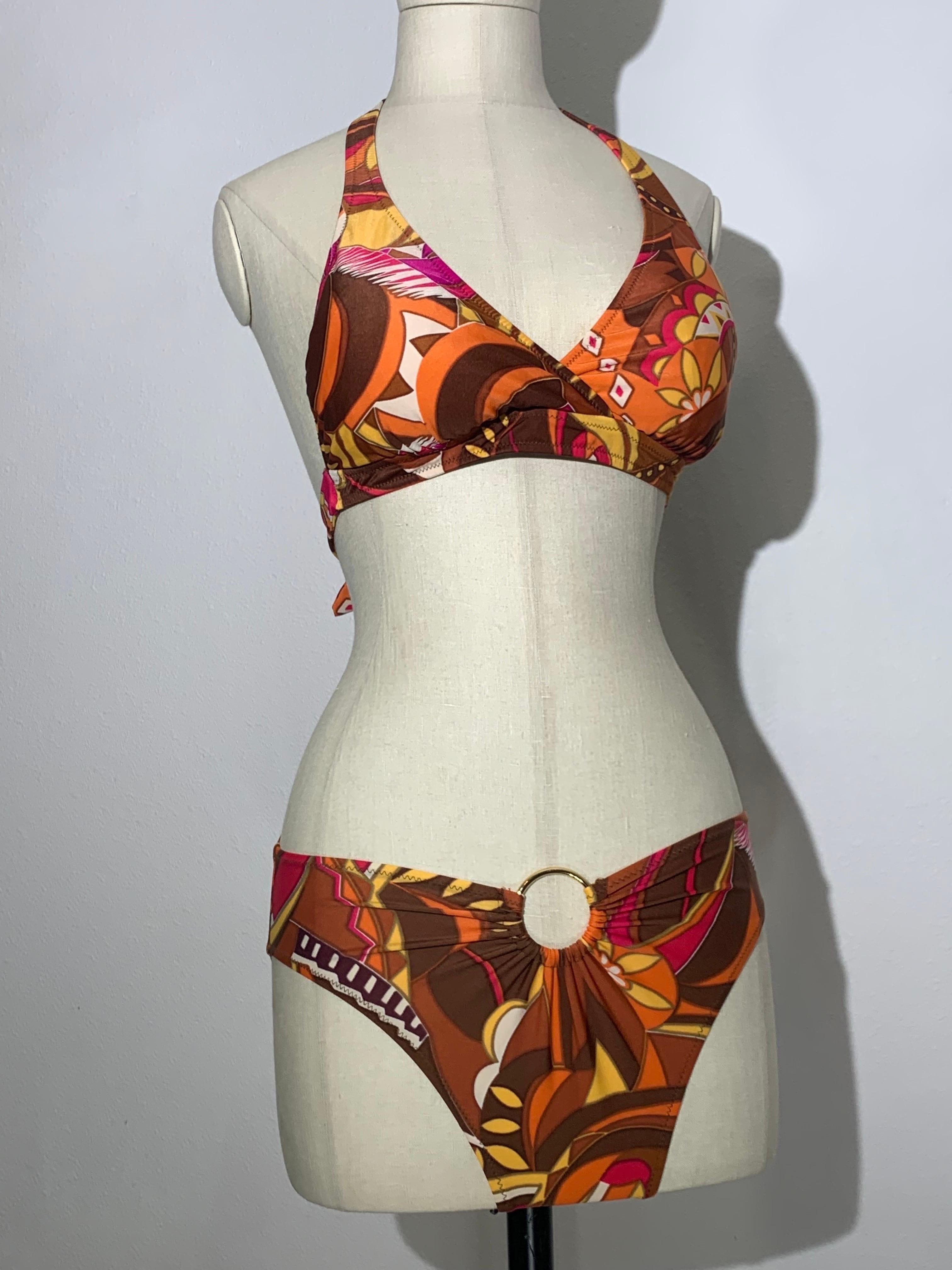 1970s Gottex Stylized Floral 2-Piece Bikini Swimsuit in Brown Copper and Orange For Sale 11