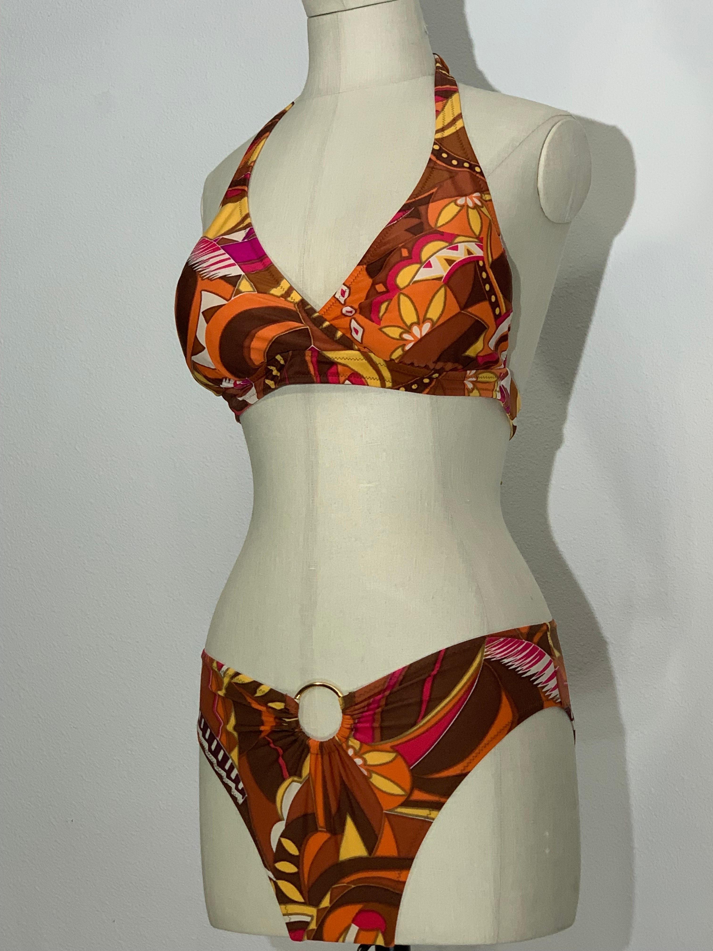 1970s Gottex Stylized Floral 2-Piece Bikini Swimsuit in Brown Copper and Orange: High-cut leg with center gold ring on bottoms. Wrap front, halter neck top with tie at neck and back. New, never worn. US size 8