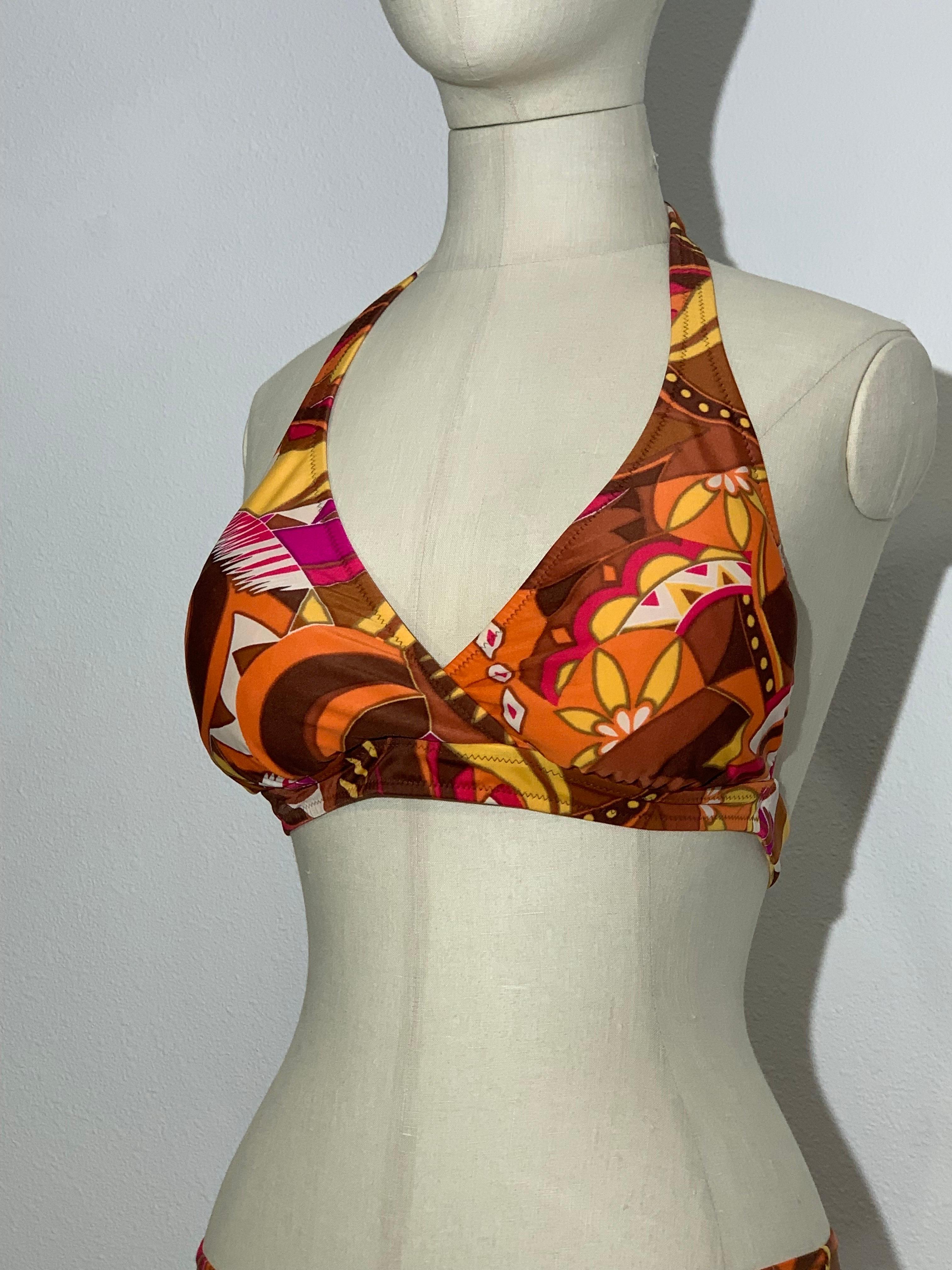 1970s Gottex Stylized Floral 2-Piece Bikini Swimsuit in Brown Copper and Orange In Excellent Condition For Sale In Gresham, OR