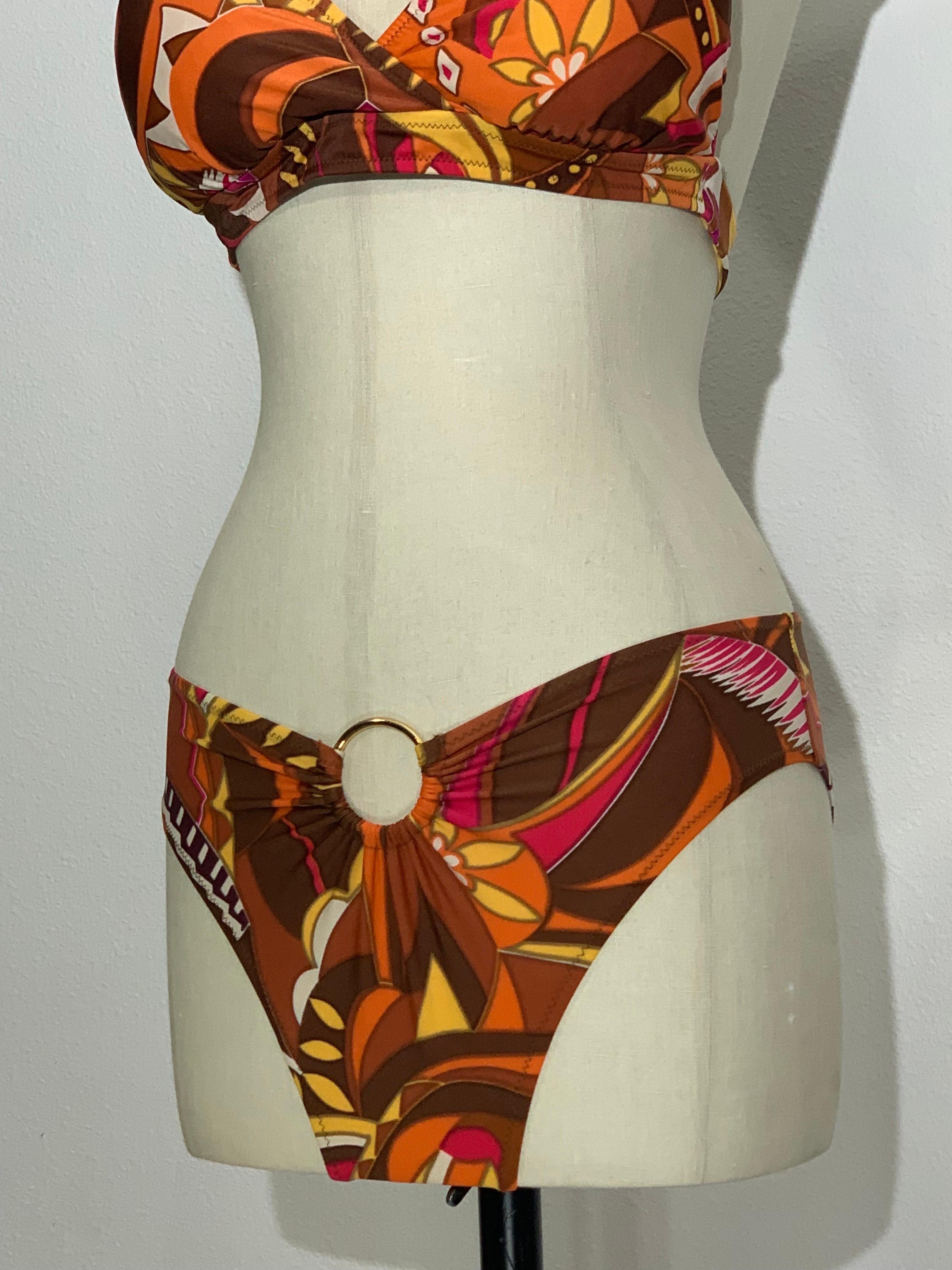 Women's 1970s Gottex Stylized Floral 2-Piece Bikini Swimsuit in Brown Copper and Orange For Sale