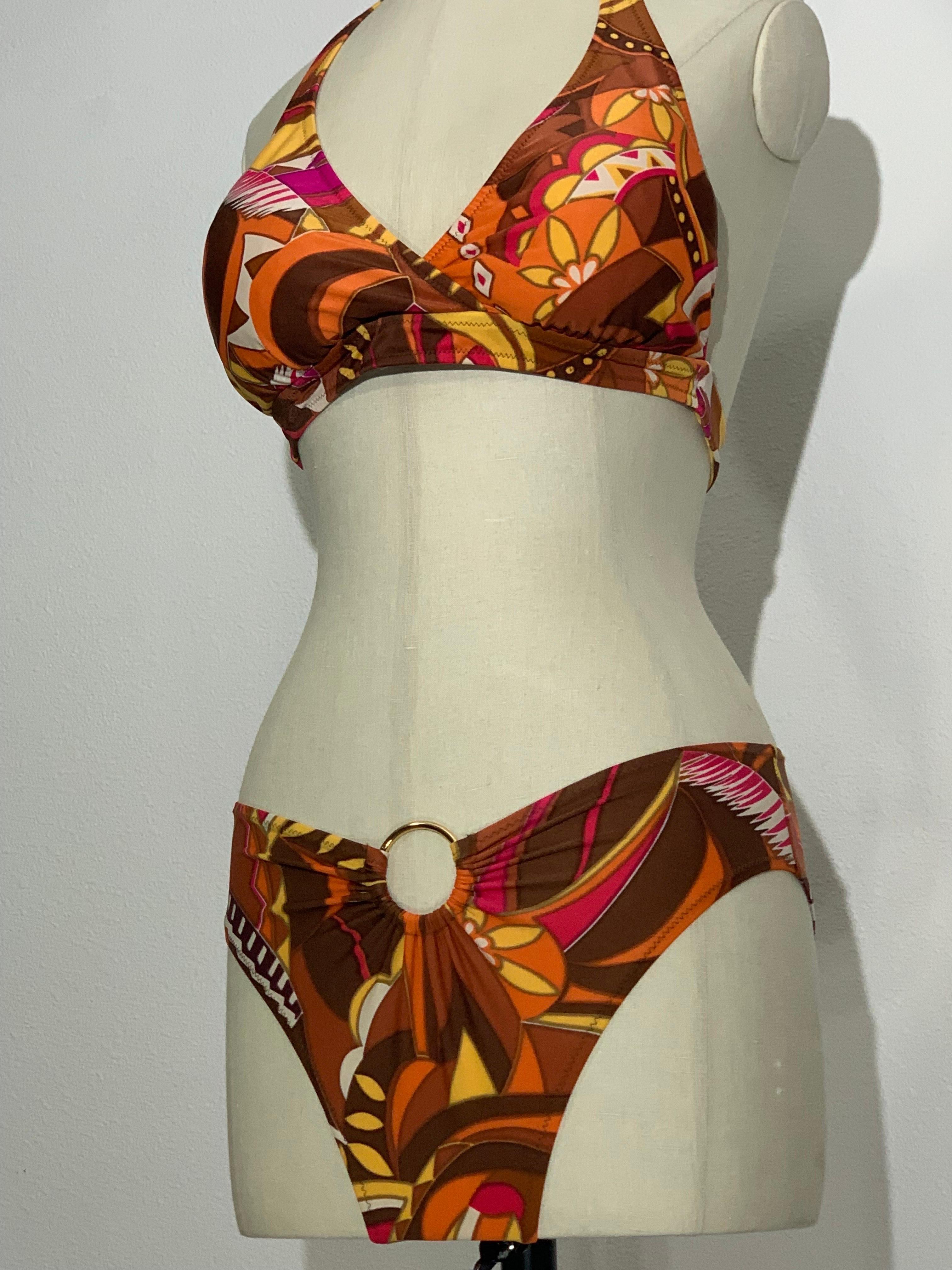 1970s Gottex Stylized Floral 2-Piece Bikini Swimsuit in Brown Copper and Orange For Sale 1