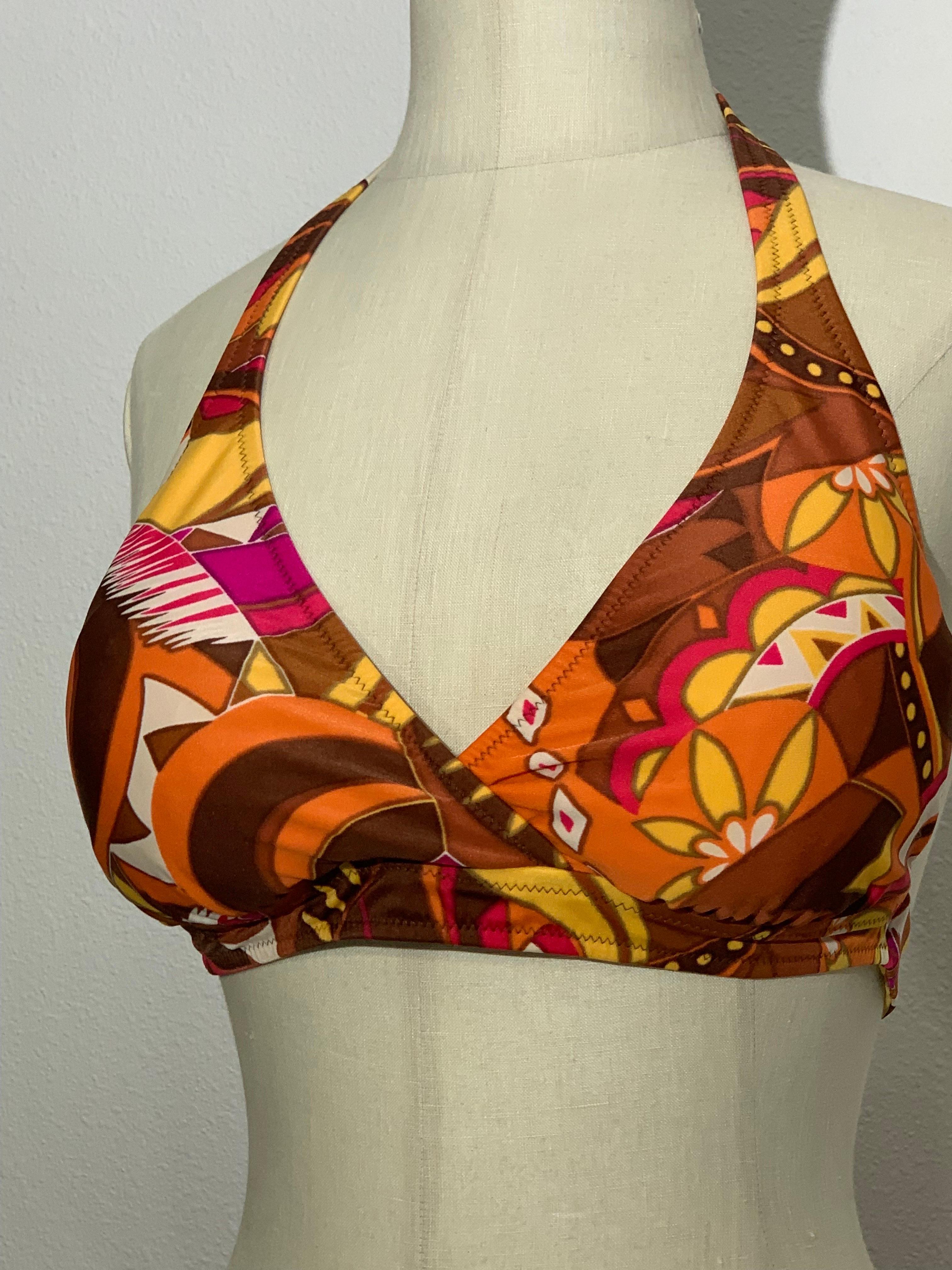 1970s Gottex Stylized Floral 2-Piece Bikini Swimsuit in Brown Copper and Orange For Sale 2