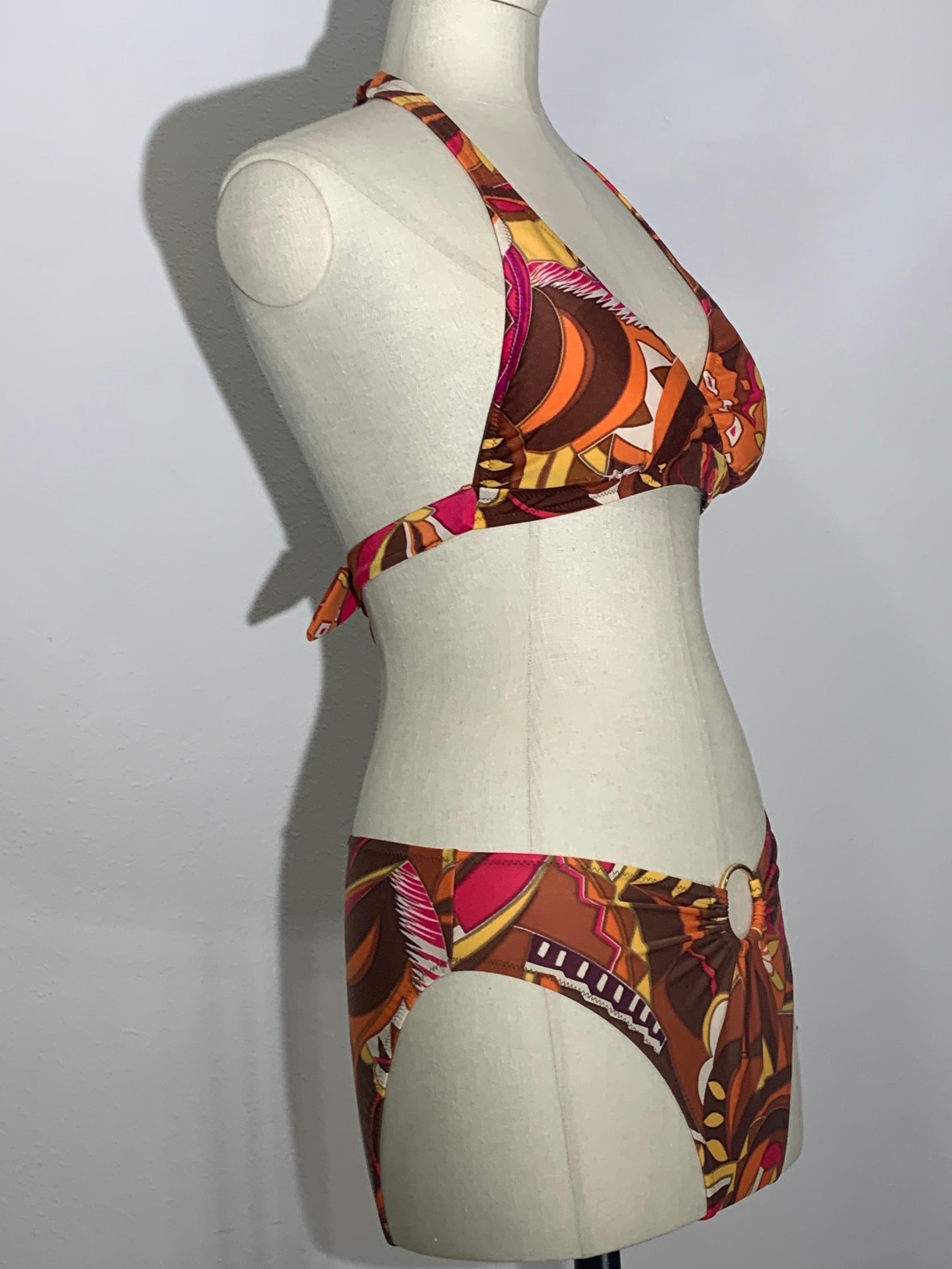 1970s Gottex Stylized Floral 2-Piece Bikini Swimsuit in Brown Copper and Orange For Sale 4