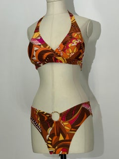 1970s Gottex Stylized Floral 2-Piece Bikini Swimsuit in Brown Copper and Orange