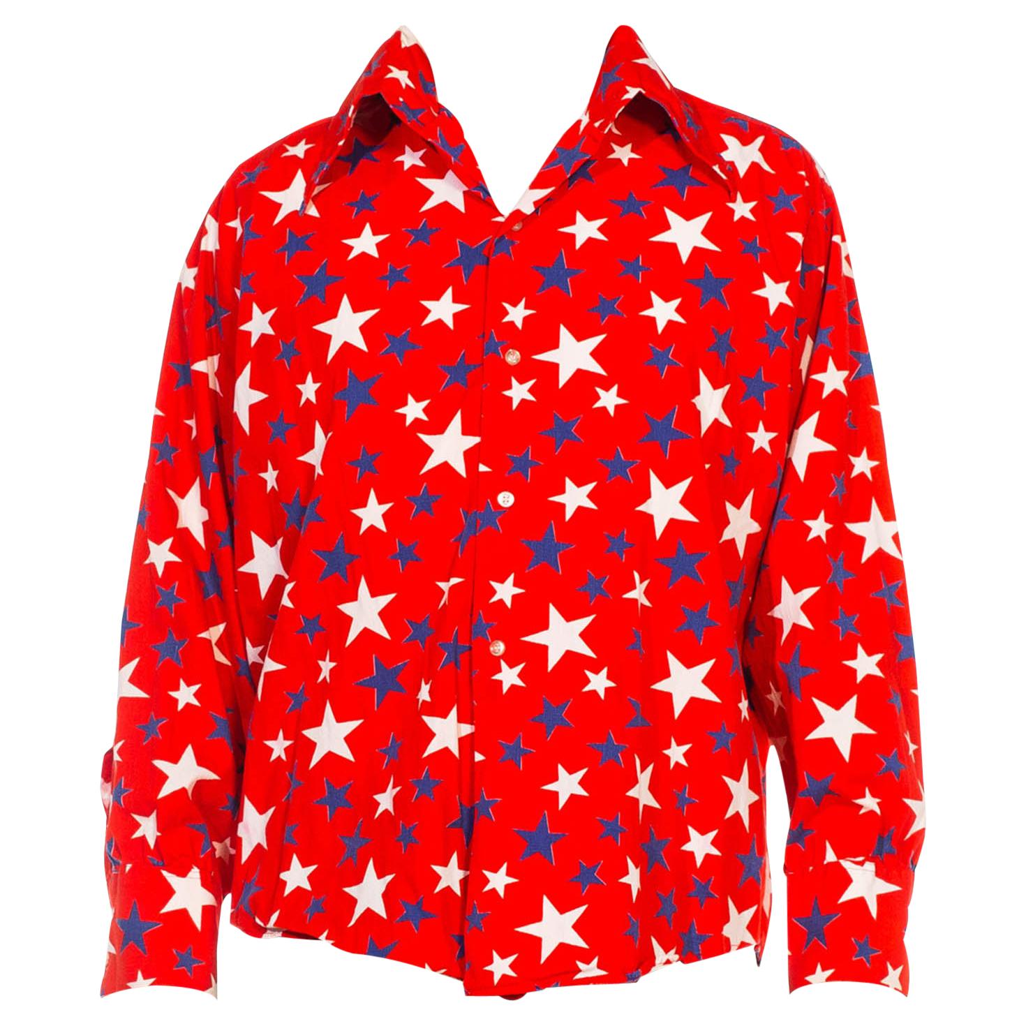 1970S Granada Red White & Blue Cotton Men's Long Sleeve Americana Stars Shirt