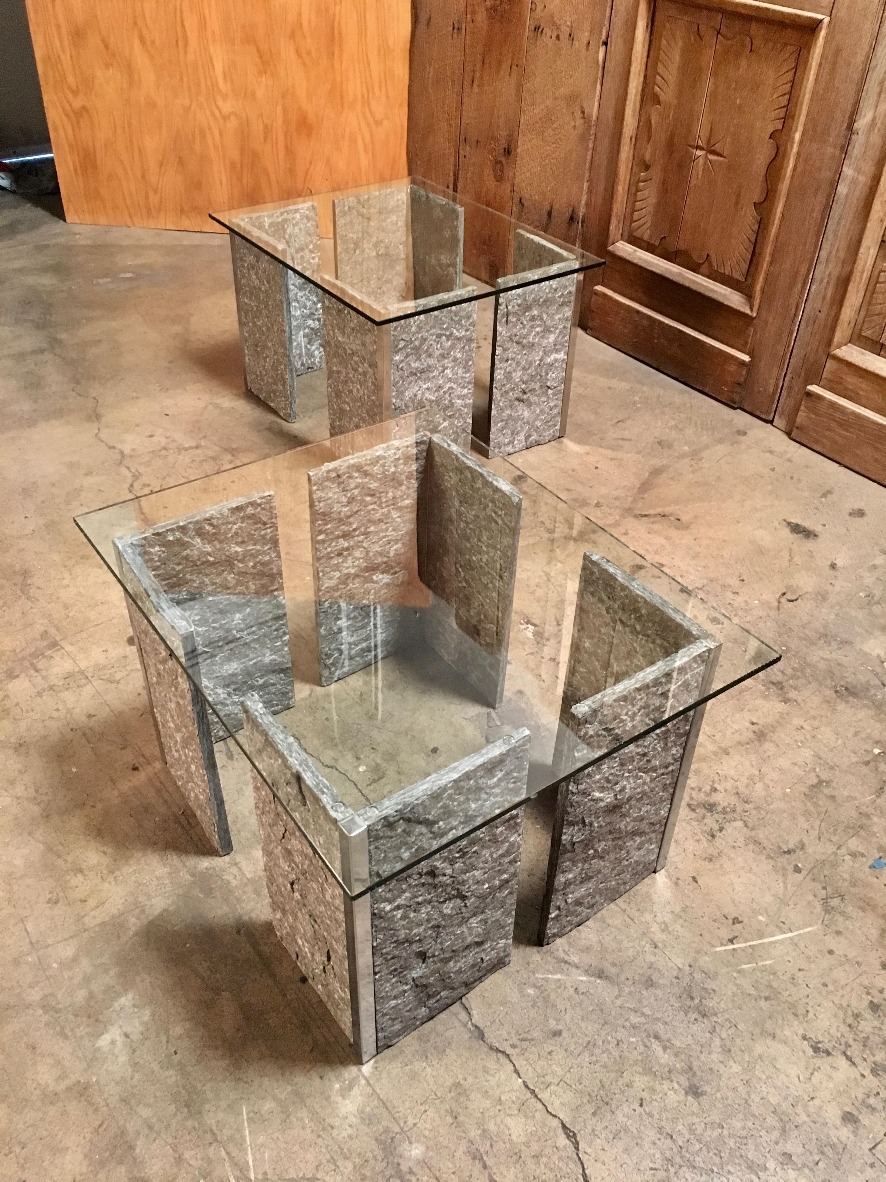 Glass 1970s Granite and Chrome End Tables