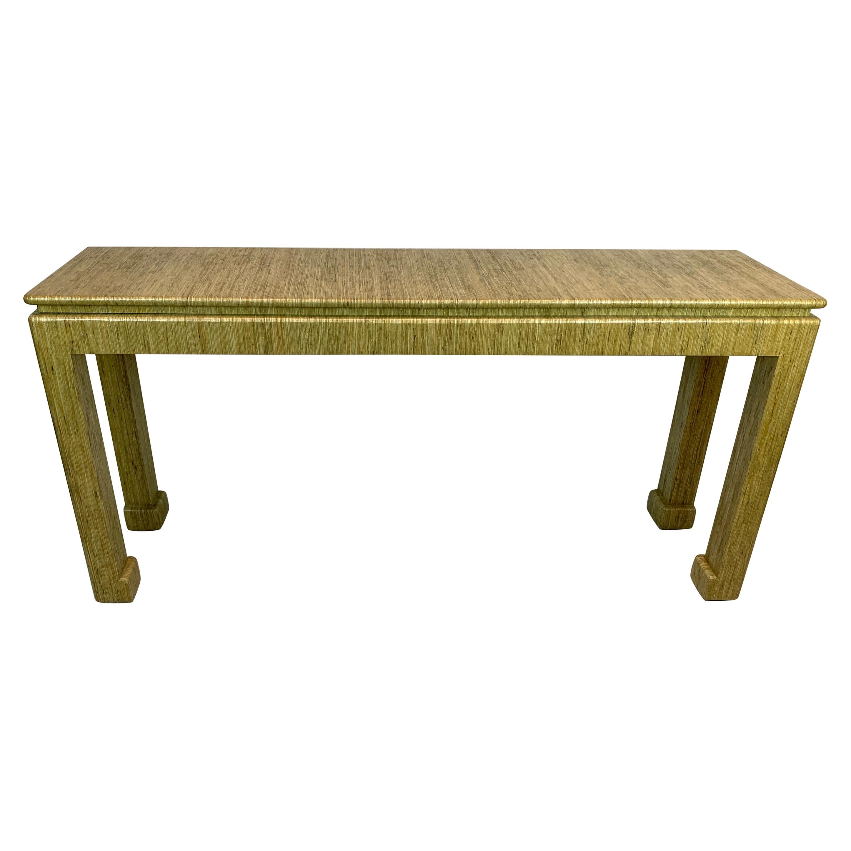 1970s GrassCloth Parsons Console Table in the Style of Karl Springer For Sale
