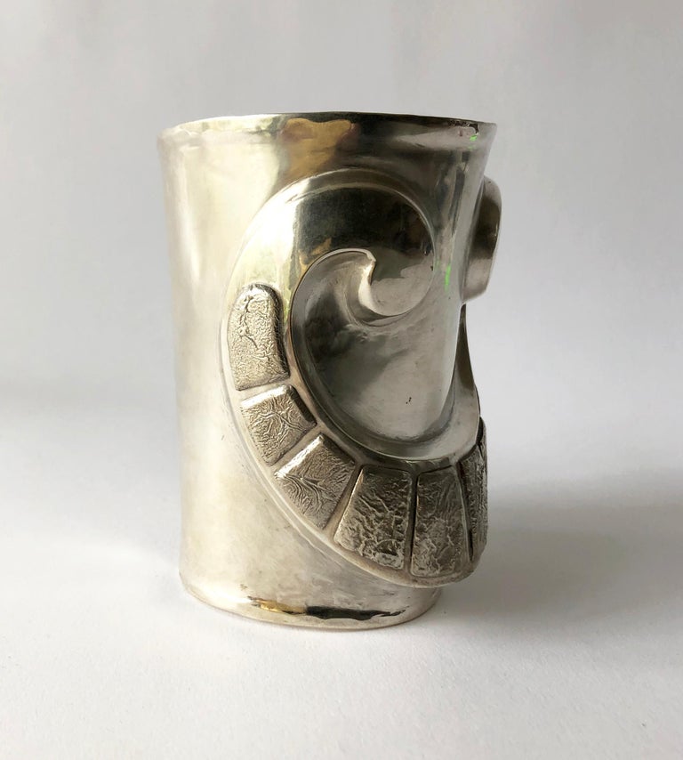 Artisan 1970s Graziella Laffi Peruvian Modernist Sterling Silver Repousse Cuff Bracelet