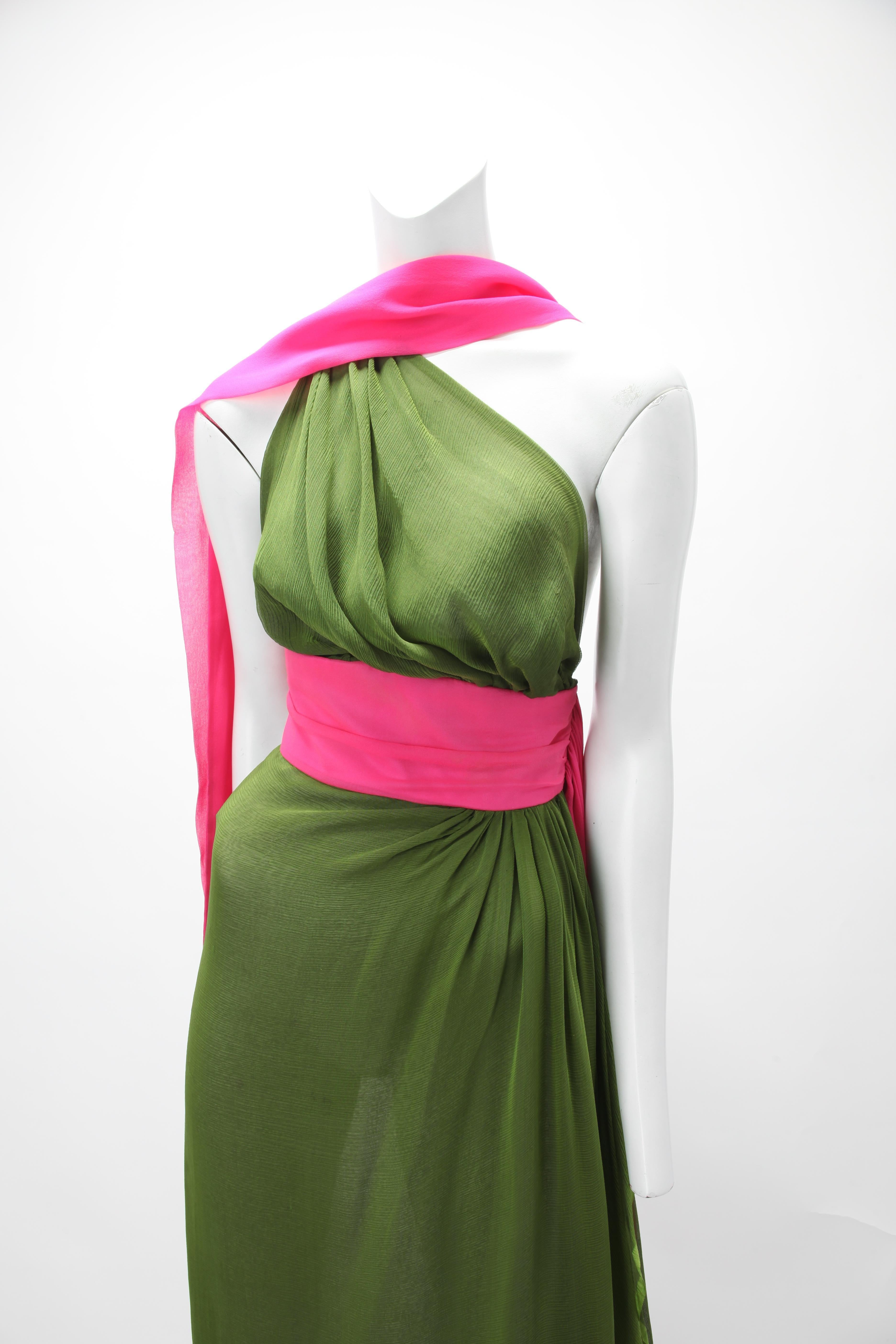 Women's 1970s Grecian Green Silk Chiffon Dress Attributed to Halston