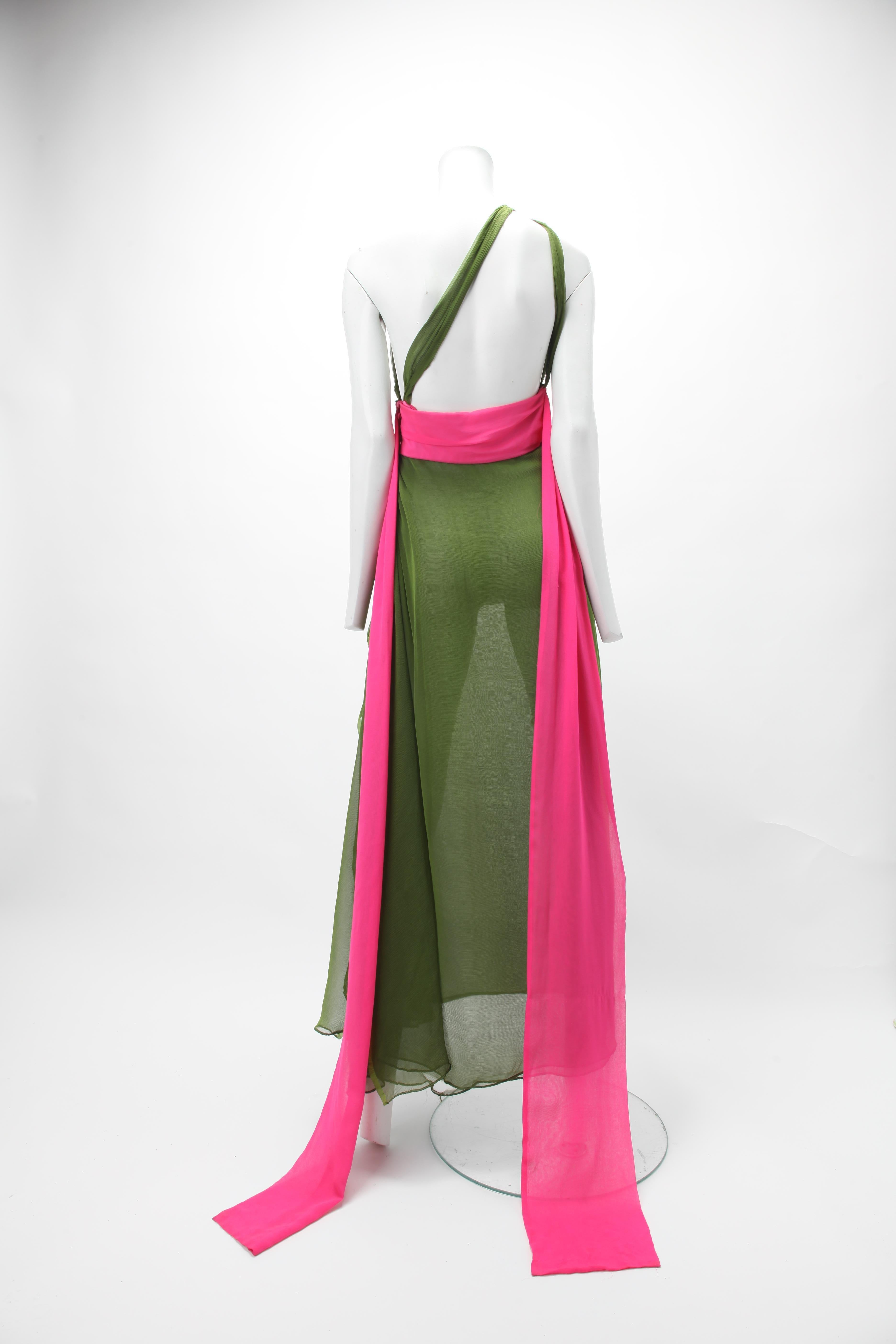 1970s Grecian Green Silk Chiffon Dress Attributed to Halston 1