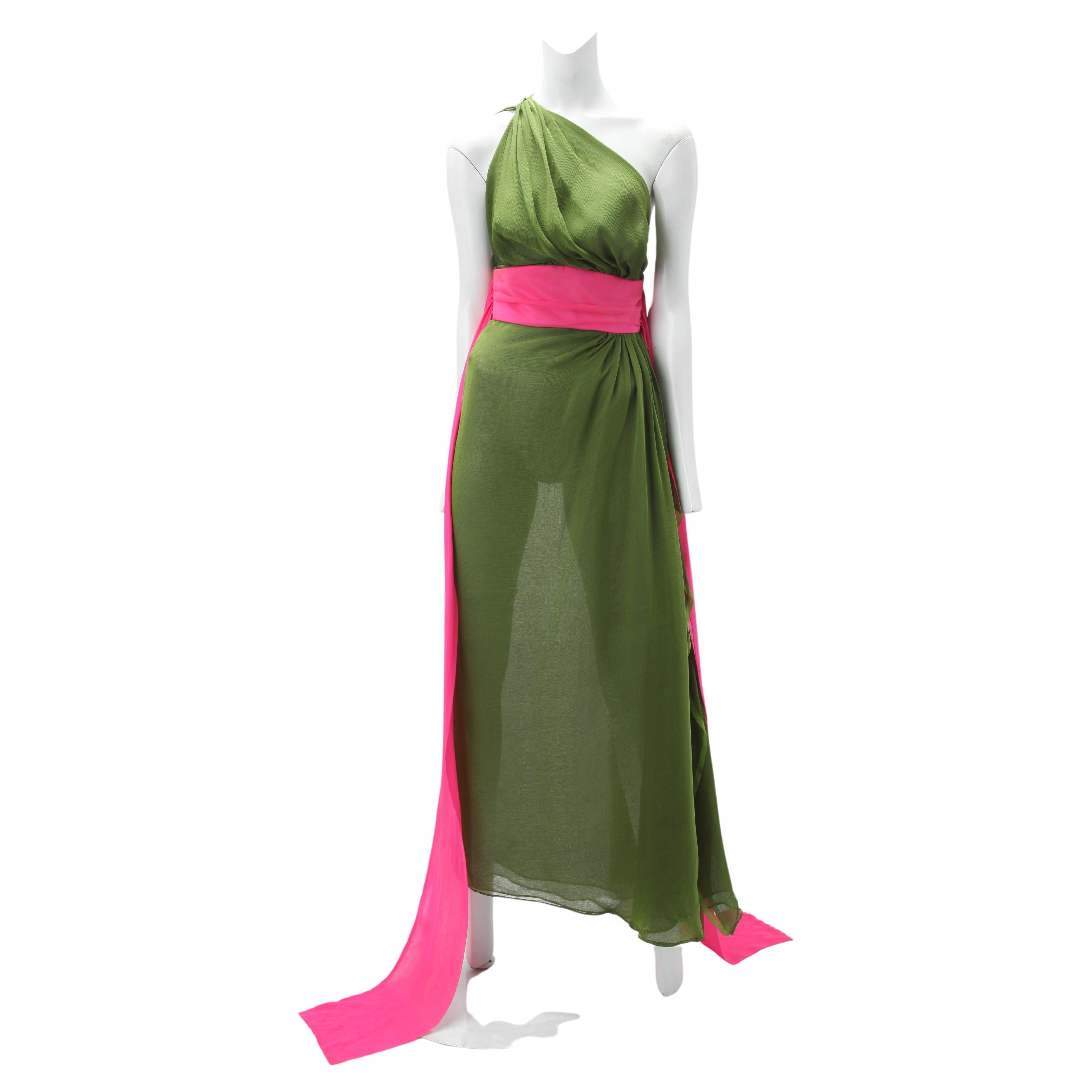 1970s Grecian Green Silk Chiffon Dress Attributed to Halston