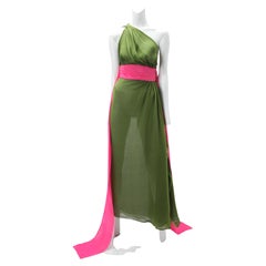 Retro 1970s Grecian Green Silk Chiffon Dress Attributed to Halston