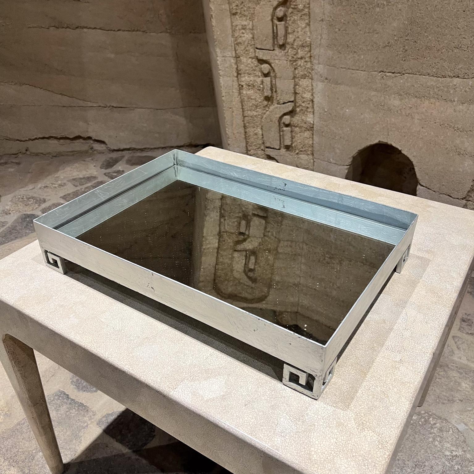 1970s Greek Key Fancy Silver Mirrored Service Tray In Good Condition In Chula Vista, CA