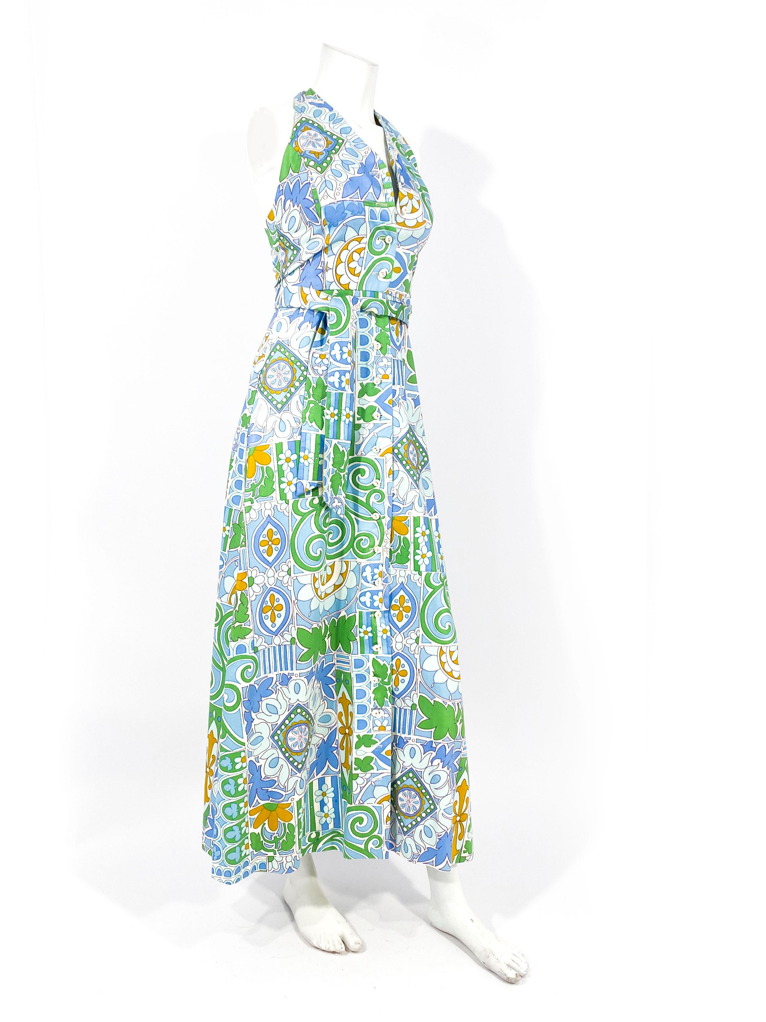 Women's 1970s Green and Blue Cotton Printed Sun Dress For Sale