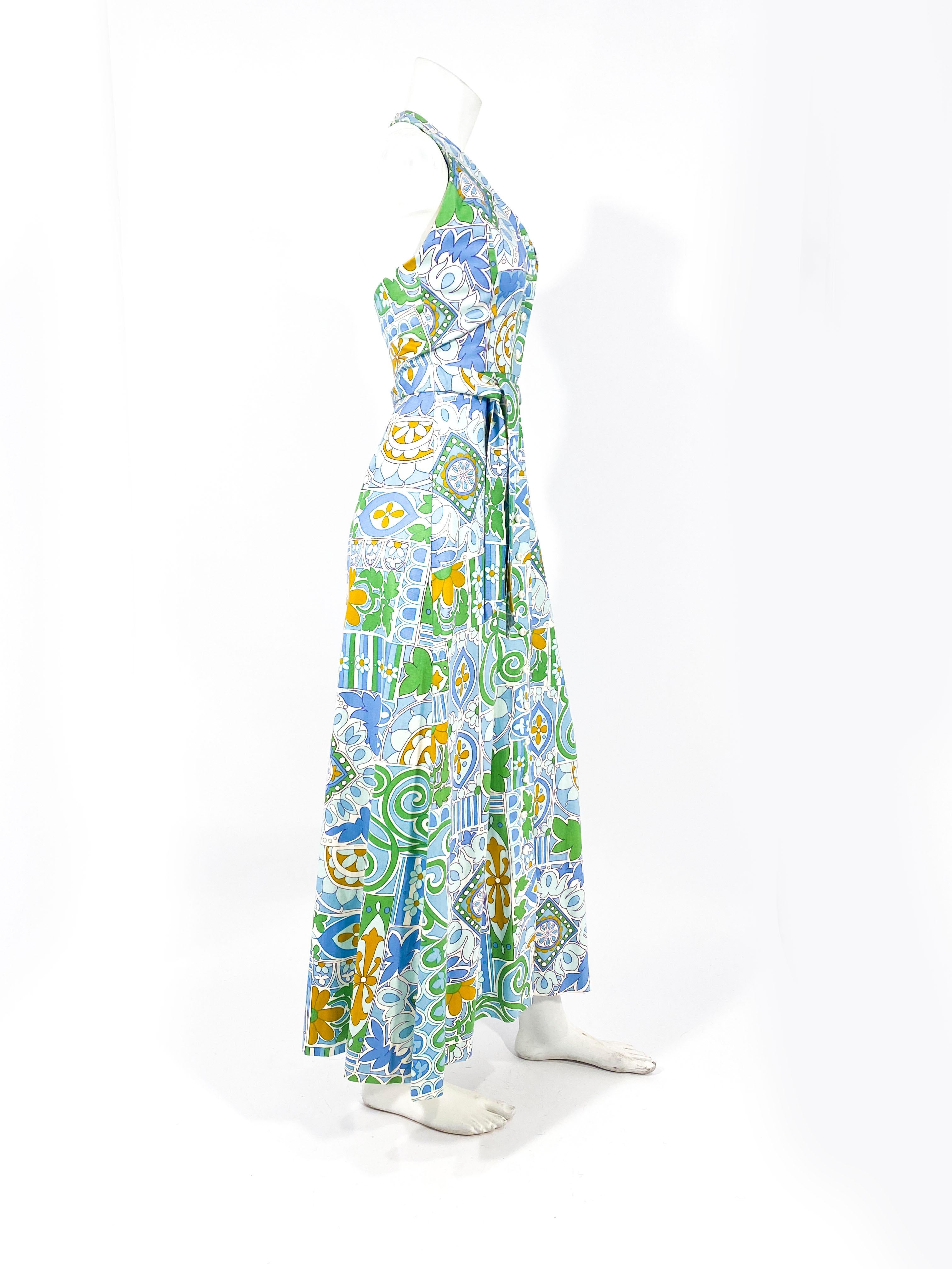 Robe de soleil en coton imprimé vert et bleu des années 1970 Pour femmes en vente