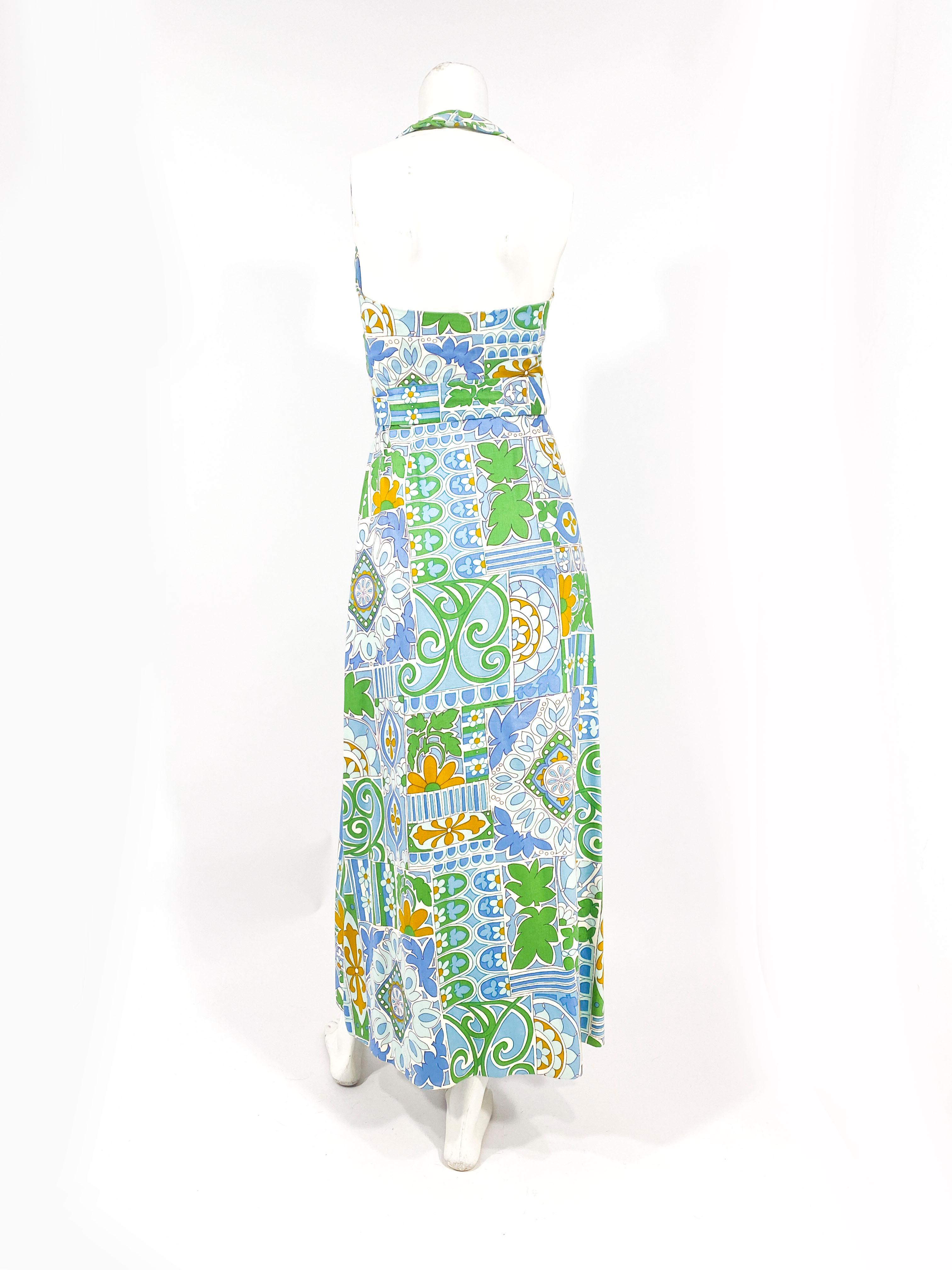 1970s Green and Blue Cotton Printed Sun Dress For Sale 2