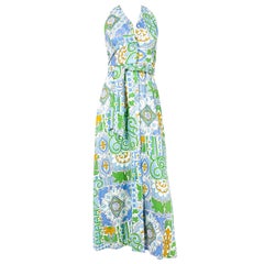 Vestido de sol estampado de algodón verde y azul de los años 70
