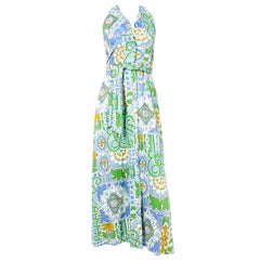 Robe de soleil en coton imprimé vert et bleu des années 1970