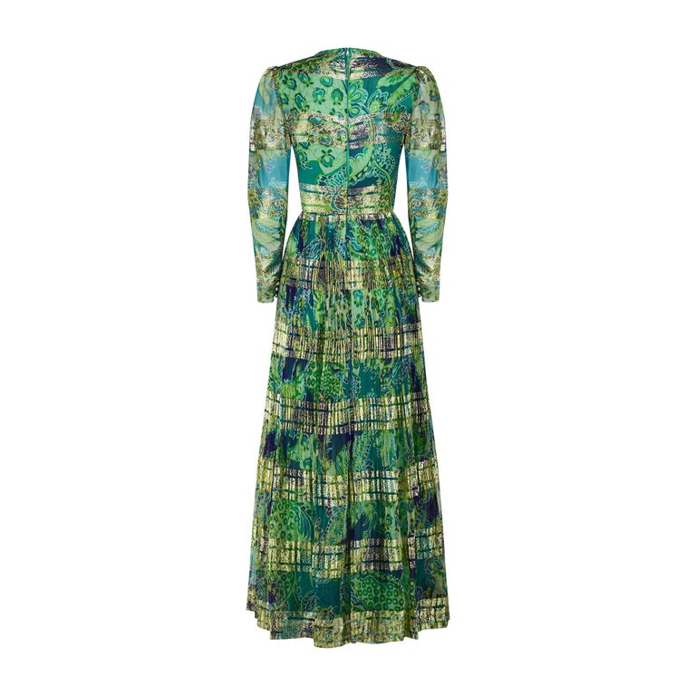 1970s Green and Gold Long-Sleeve Metallic Lame Maxi-Dress For Sale at 1stDibs