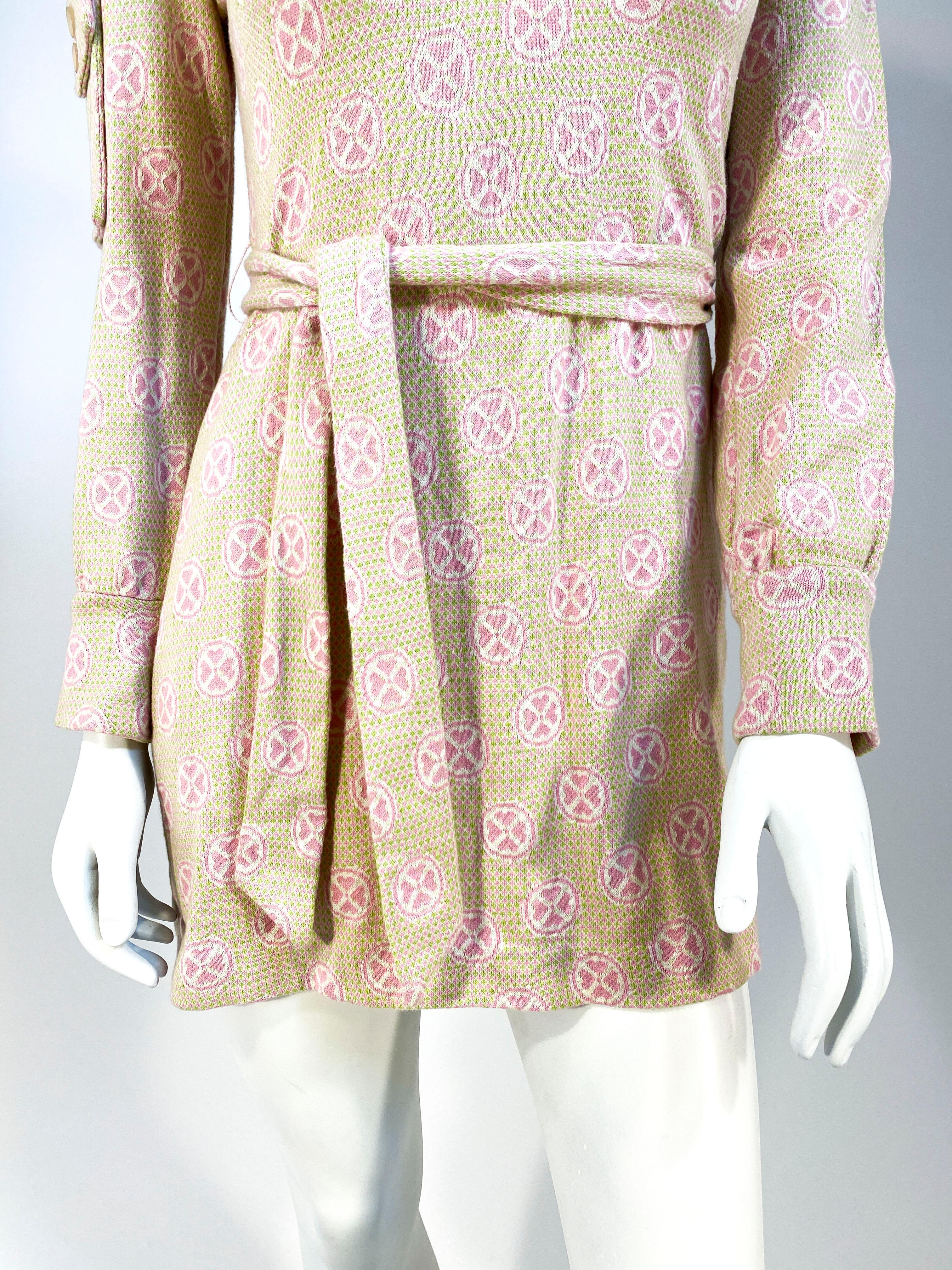 Beige 1970s Green and Pink Knit Mini Dress For Sale