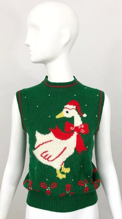 1970s Green and Red Intarsia Wool Swan Novelty 70s Christmas Sweater Vest