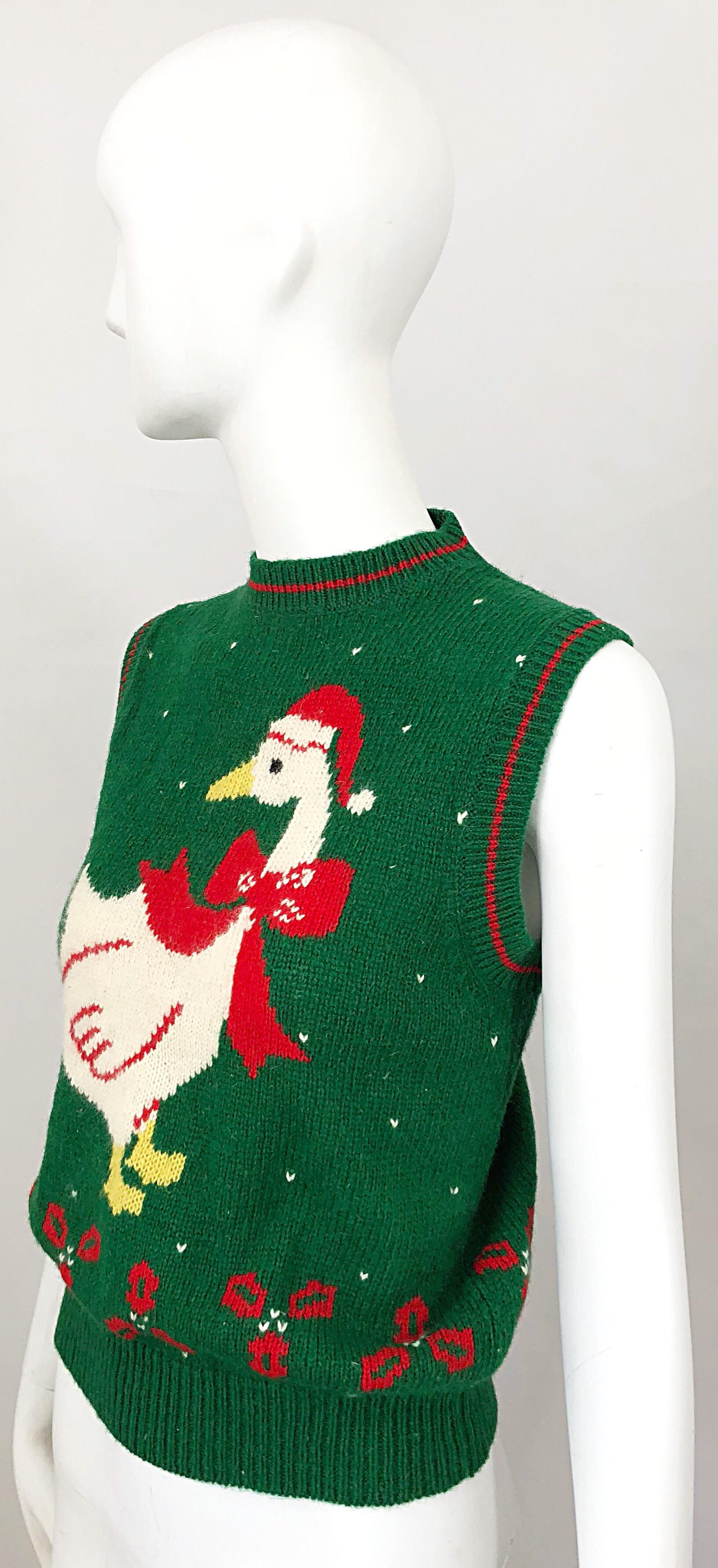 Blue 1970s Green and Red Intarsia Wool Swan Novelty 70s Christmas Sweater Vest
