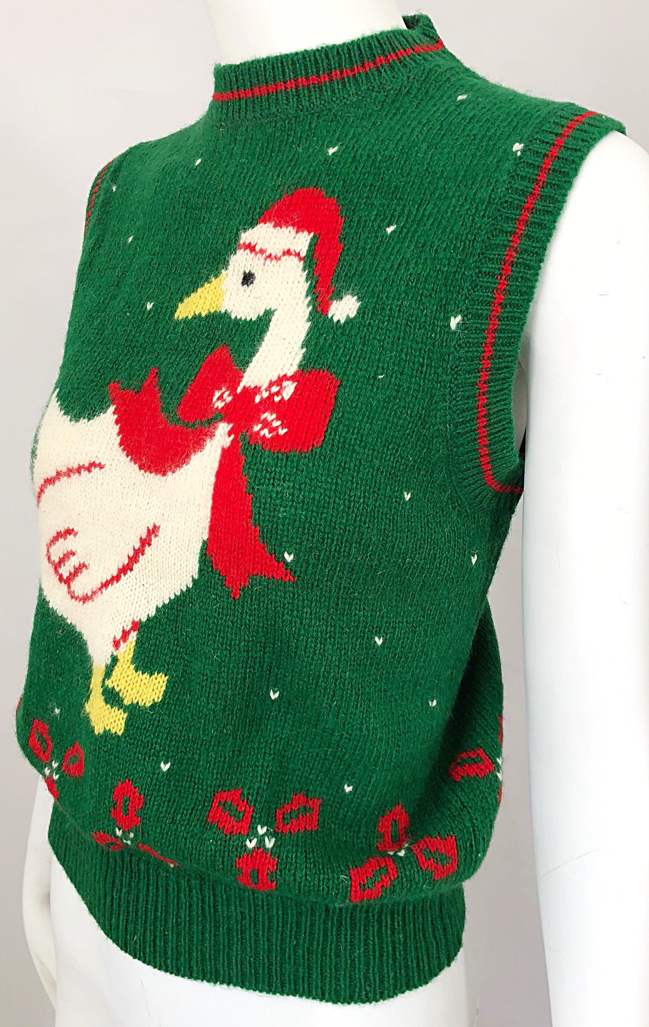 Women's or Men's 1970s Green and Red Intarsia Wool Swan Novelty 70s Christmas Sweater Vest