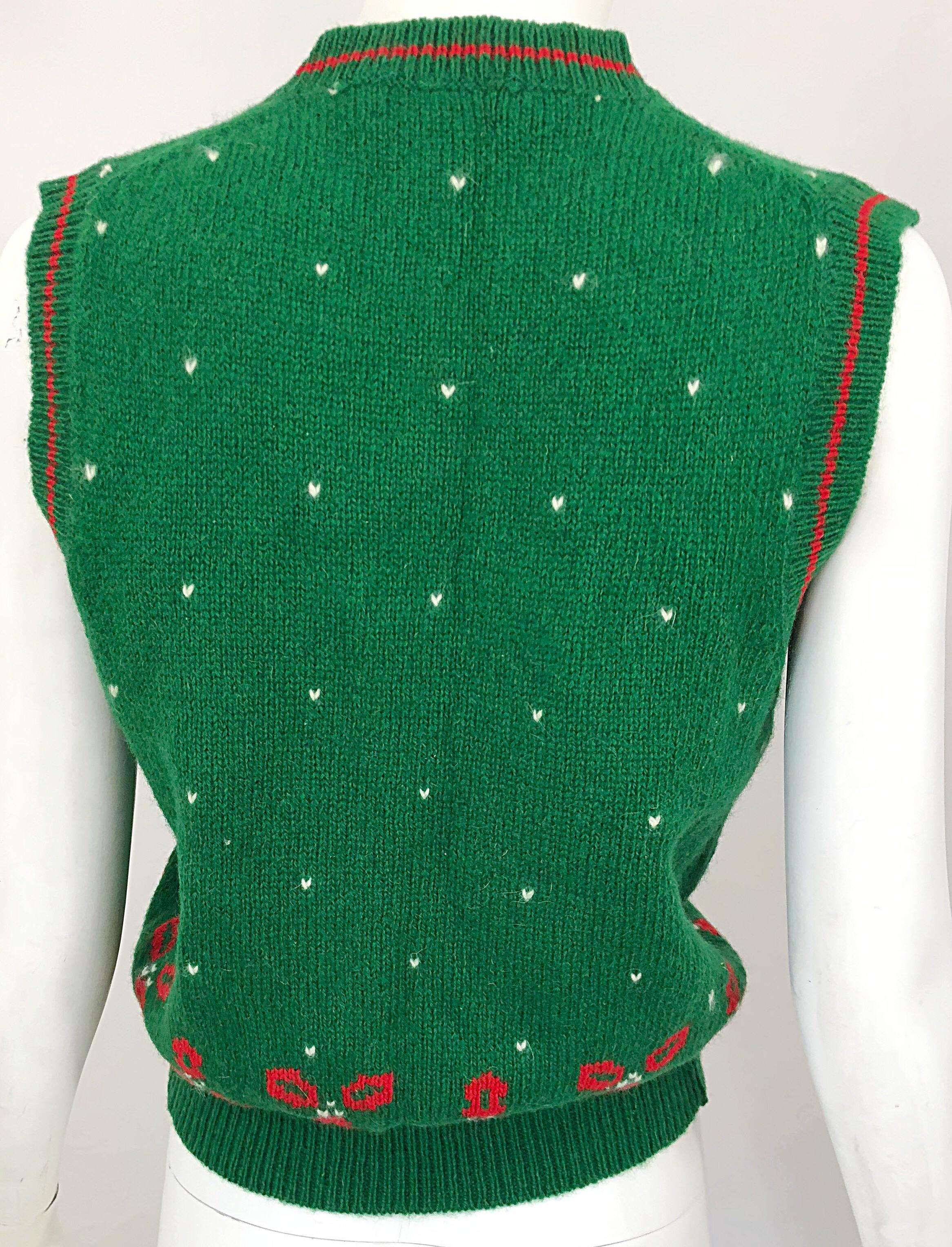 1970s Green and Red Intarsia Wool Swan Novelty 70s Christmas Sweater Vest 1