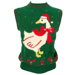1970s Green and Red Intarsia Wool Swan Novelty 70s Christmas Sweater Vest
