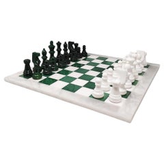 1970s Green and White Chess Set in Volterra Alabaster Handmade, Made in Italy