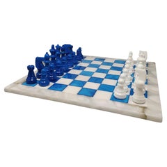 1970s Gorgeous Sky Blue and White Chess Set in Volterra Alabaster Handmade. Made