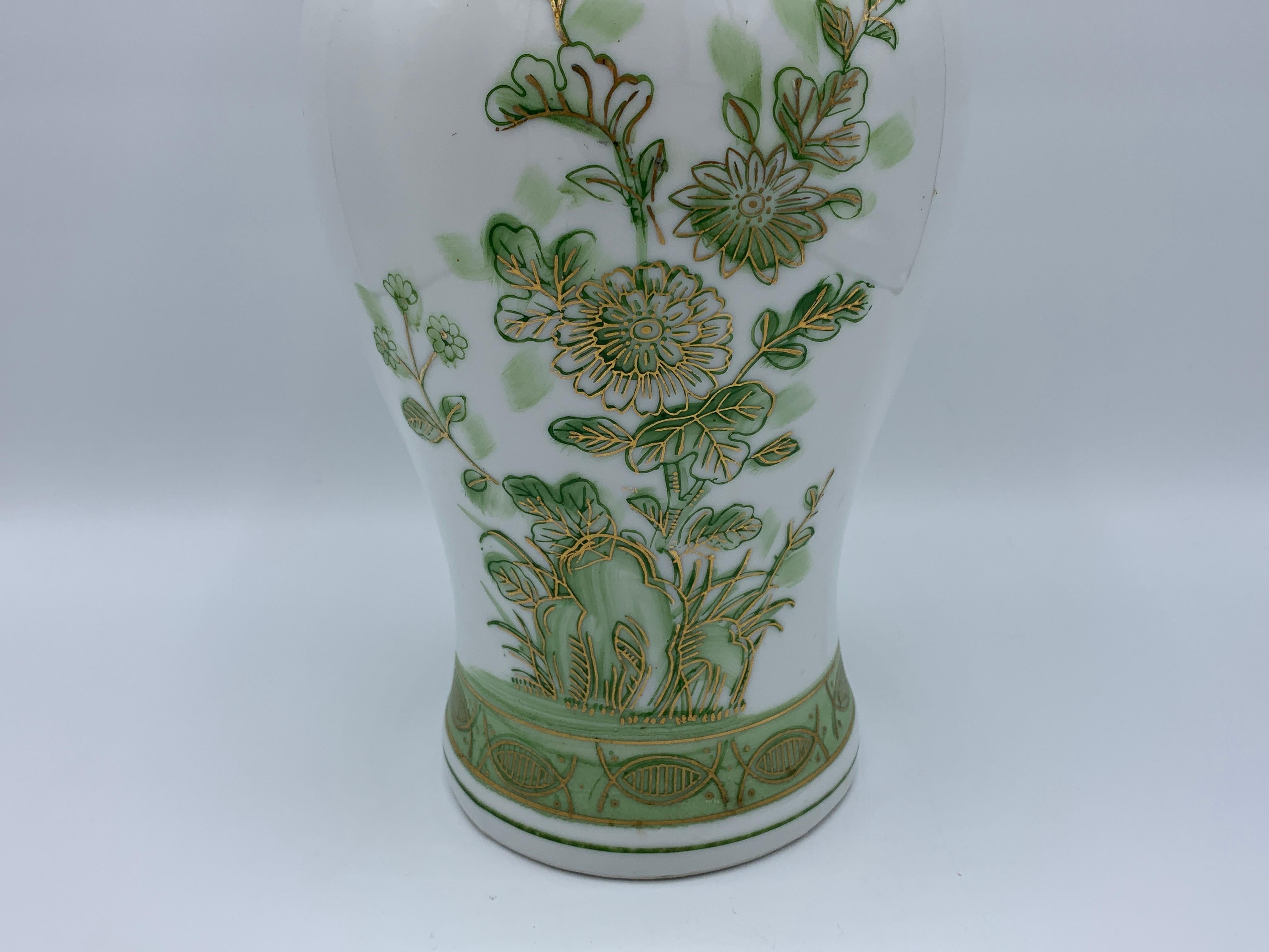 1970s Green and White Peony Motif Chinoiserie Vase 1