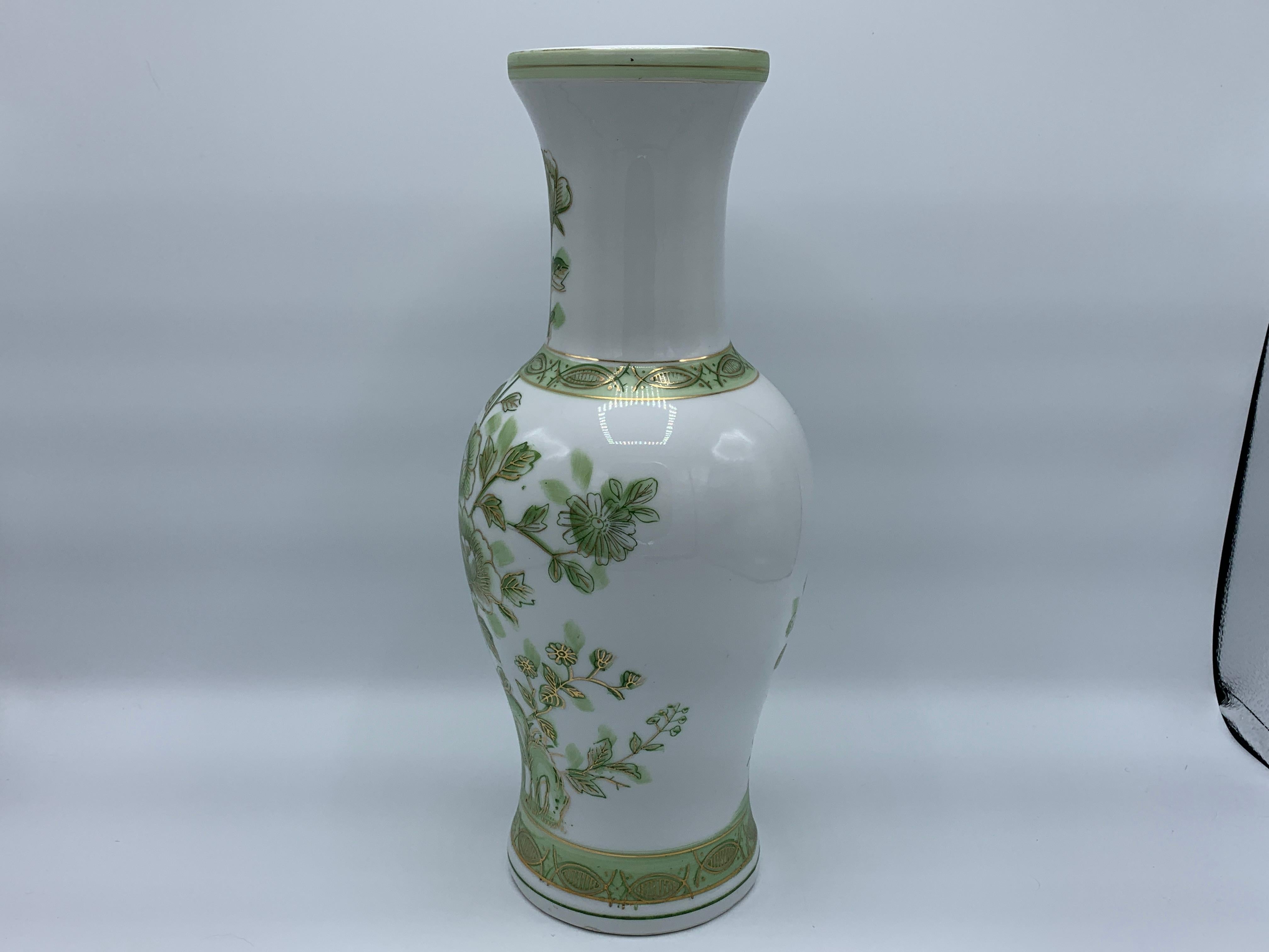 Hand-Painted 1970s Green and White Peony Motif Chinoiserie Vase