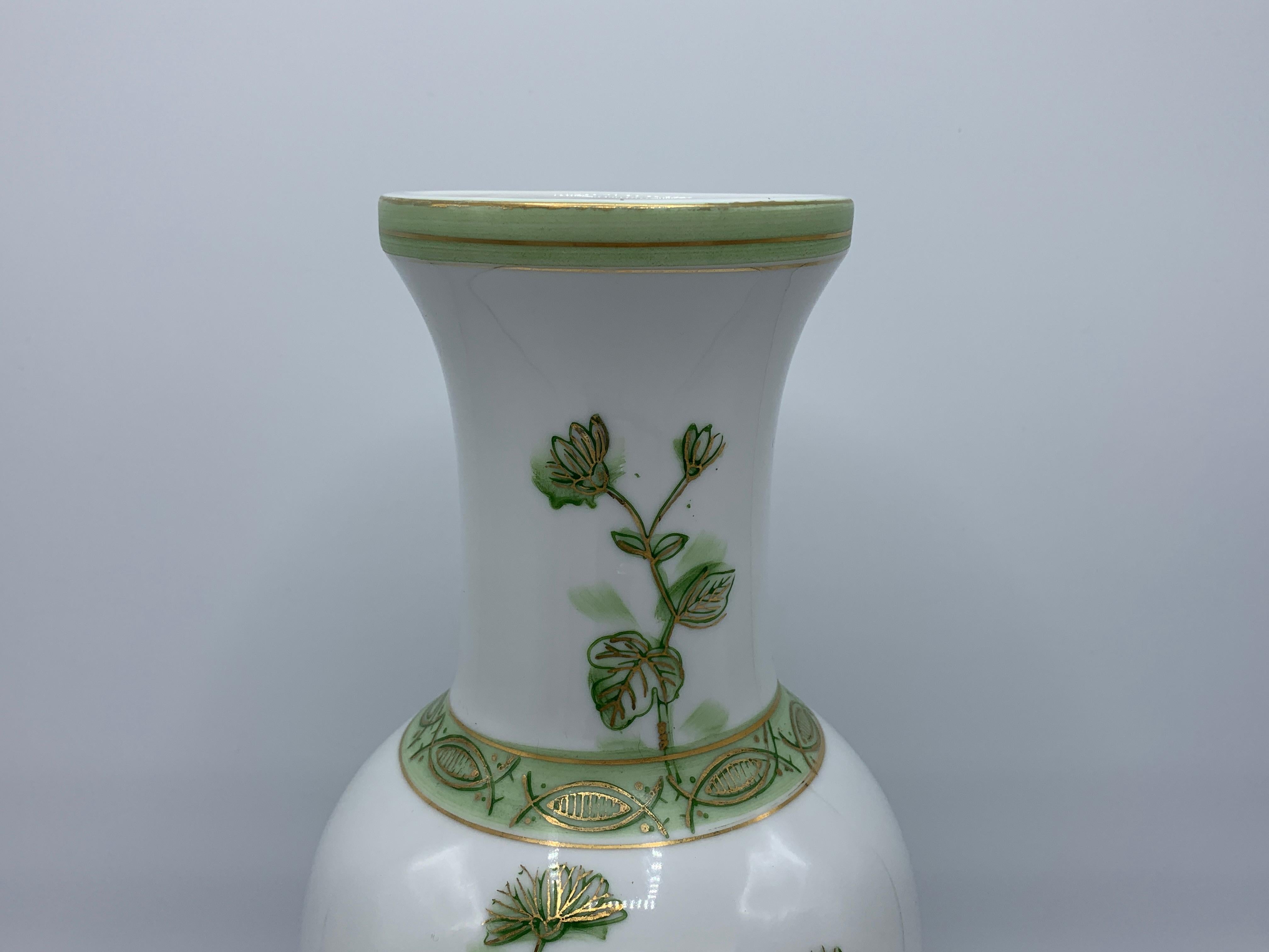20th Century 1970s Green and White Peony Motif Chinoiserie Vase