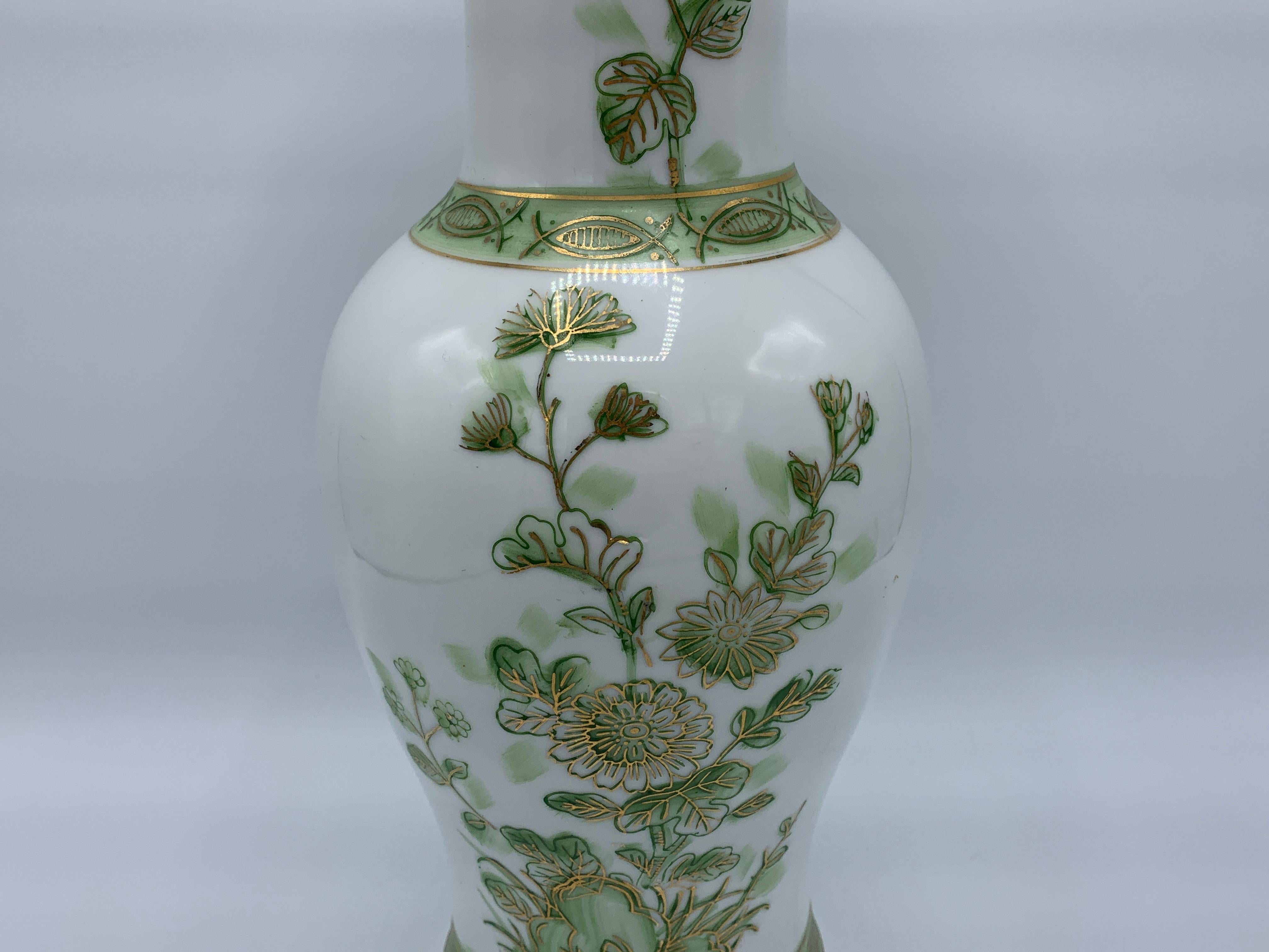 Porcelain 1970s Green and White Peony Motif Chinoiserie Vase