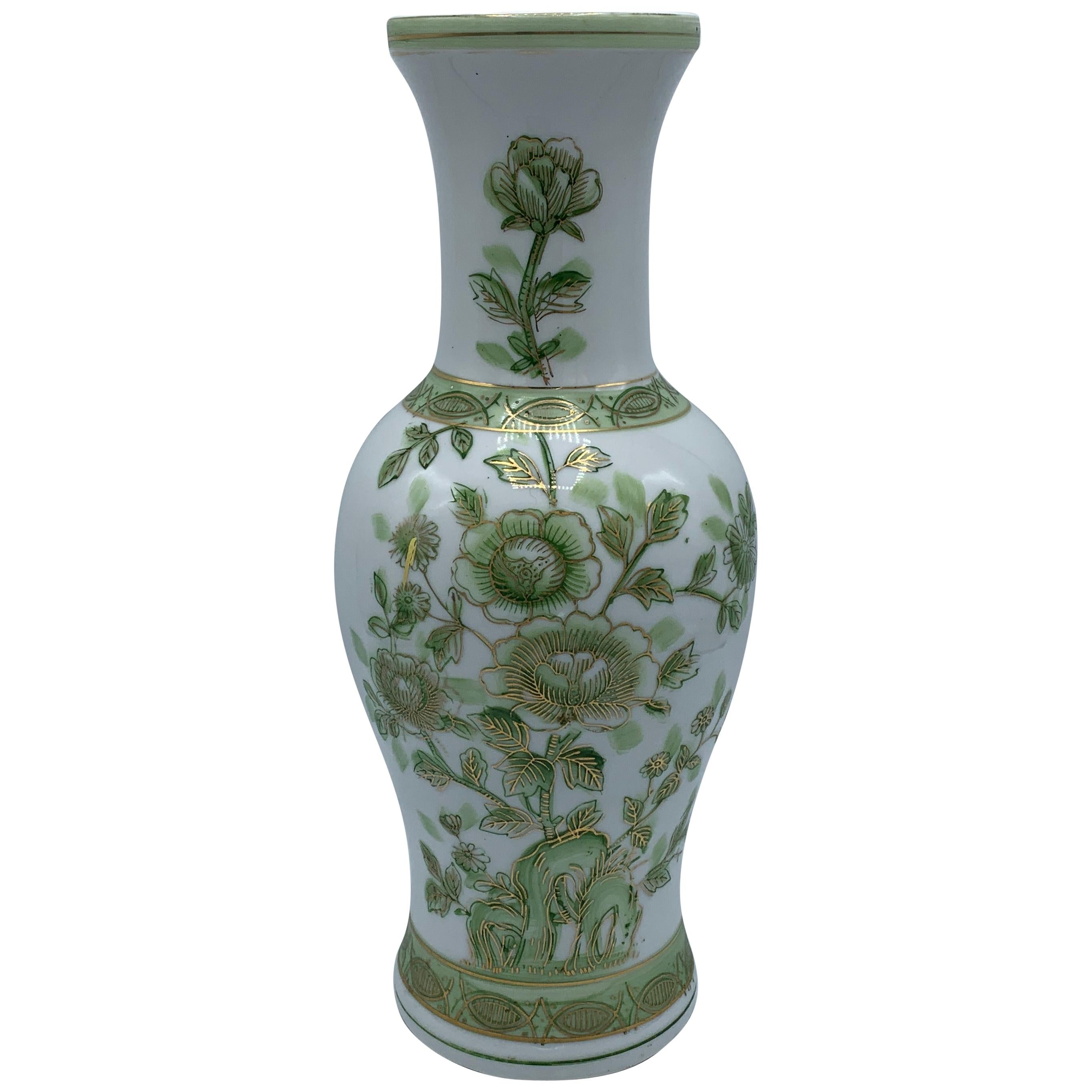 1970s Green and White Peony Motif Chinoiserie Vase