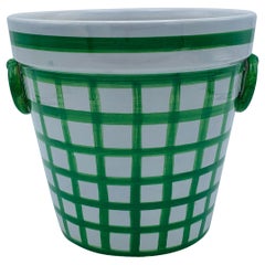 1970s Green and White Plaid Basket Cachepot Planter