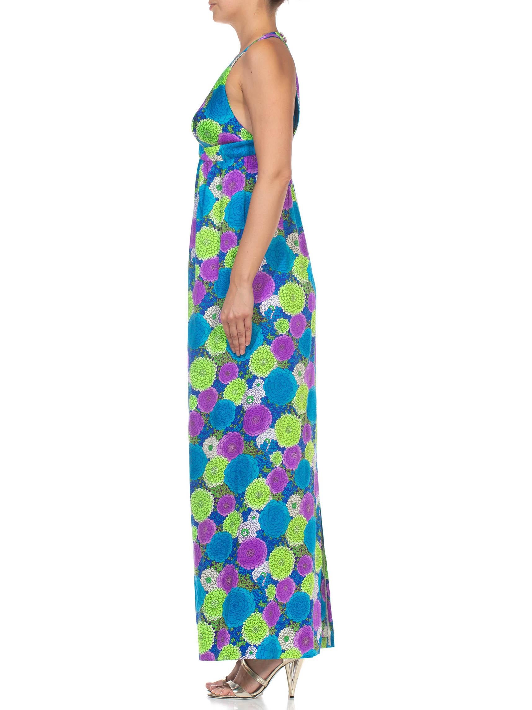 Gray 1970S Green, Blue & Purple Floral Poppy Print Maxi Halter Dress
