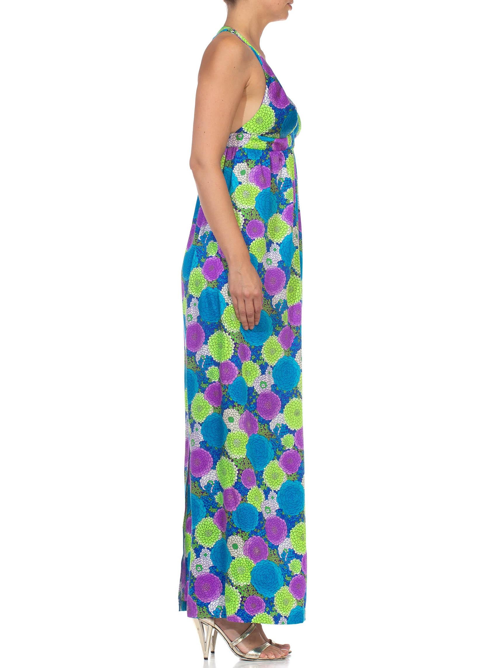 1970S Green, Blue & Purple Floral Poppy Print Maxi Halter Dress In Excellent Condition In New York, NY