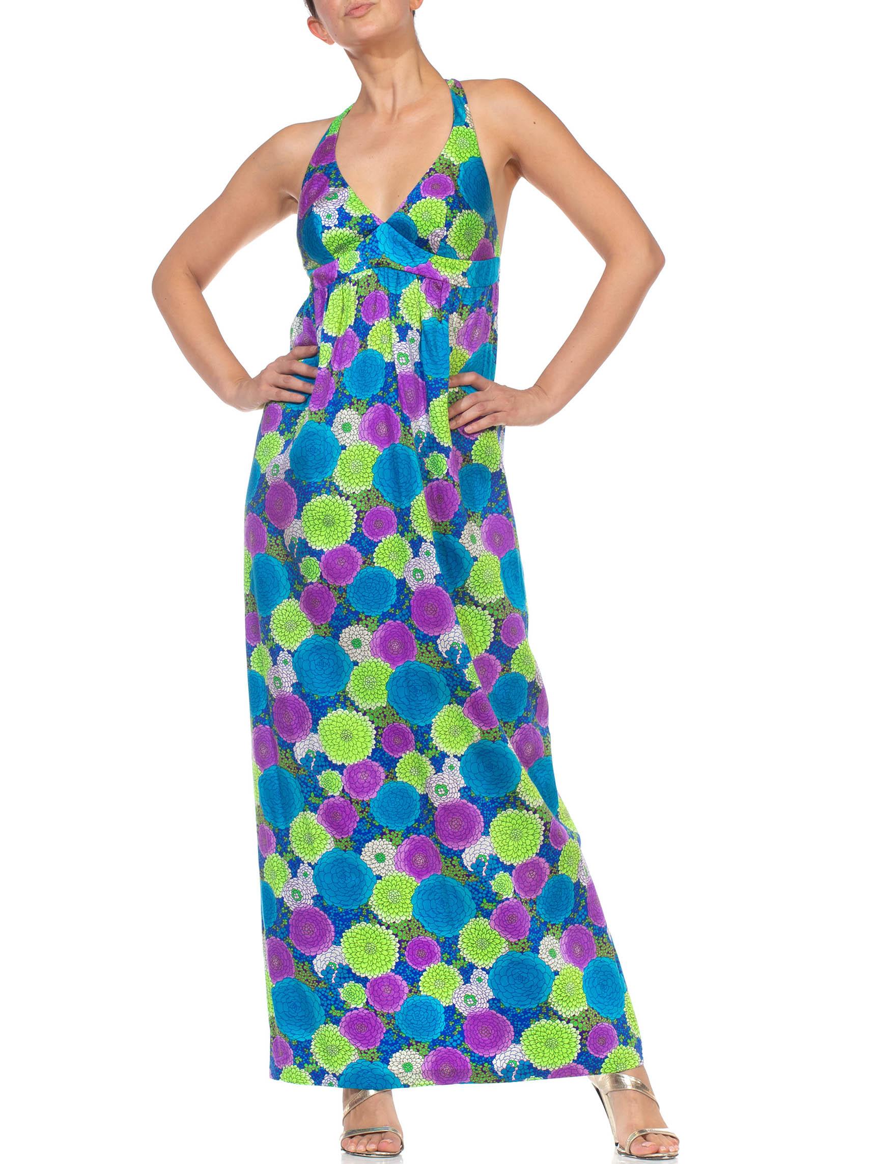 1970S Green, Blue & Purple Floral Poppy Print Maxi Halter Dress 1