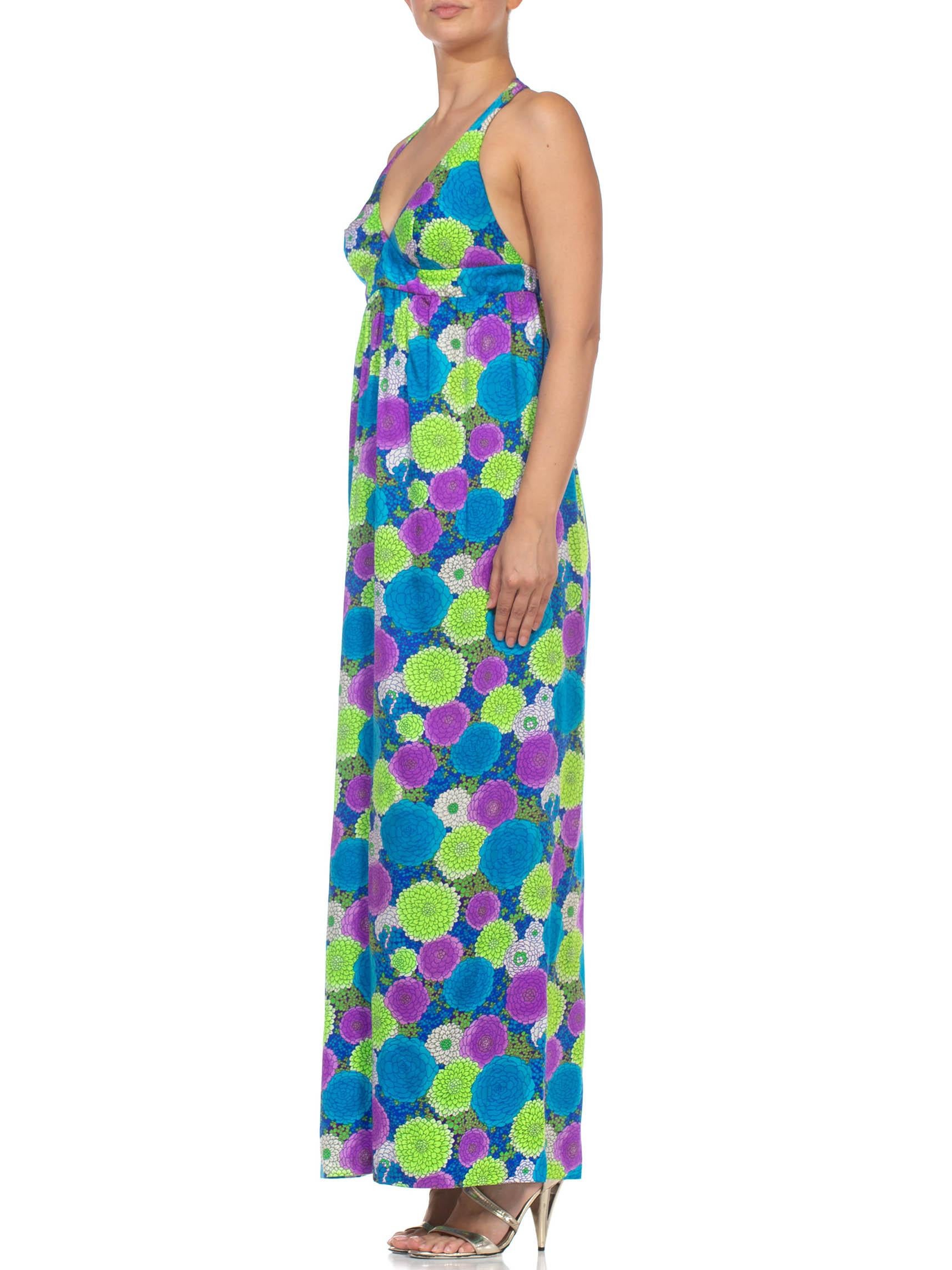 1970S Green, Blue & Purple Floral Poppy Print Maxi Halter Dress 2