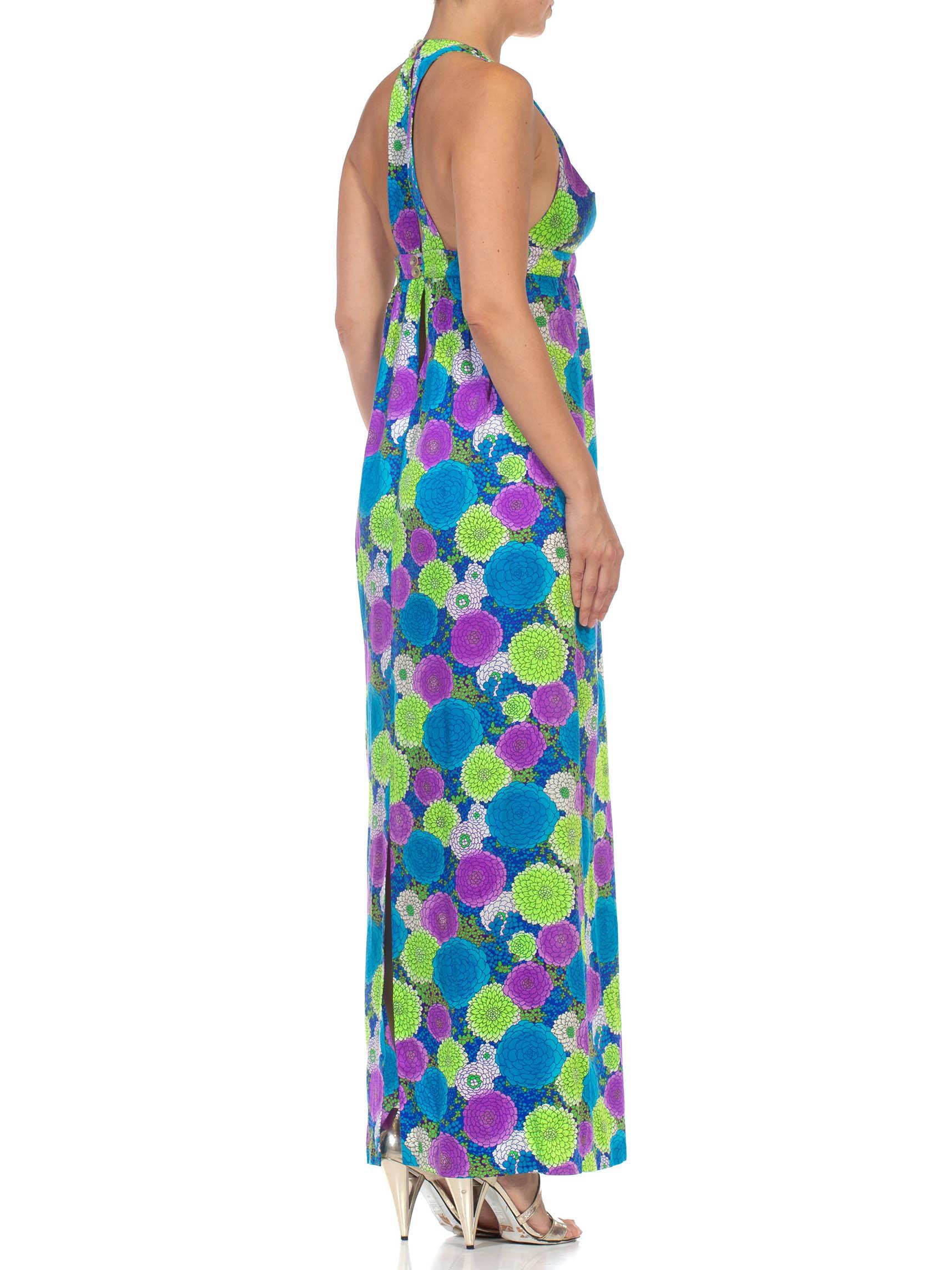 1970S Green, Blue & Purple Floral Poppy Print Maxi Halter Dress 3