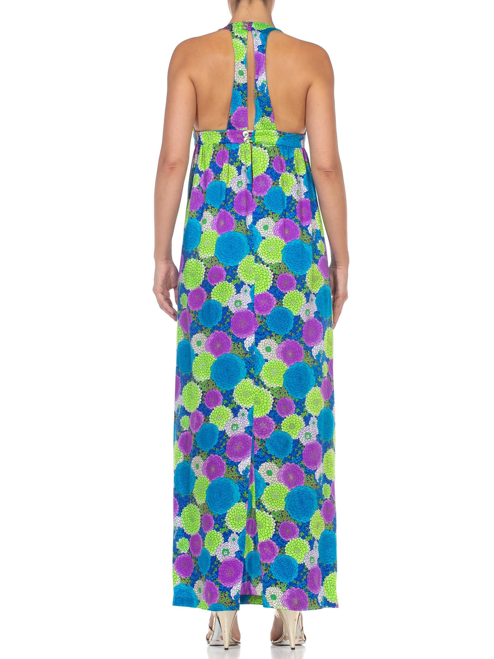 1970S Green, Blue & Purple Floral Poppy Print Maxi Halter Dress 4