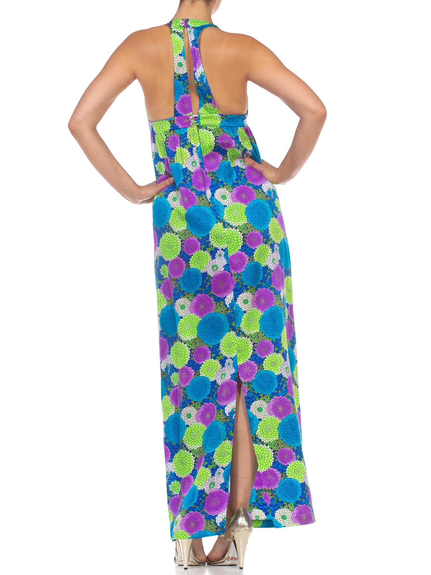 1970S Green, Blue & Purple Floral Poppy Print Maxi Halter Dress 5