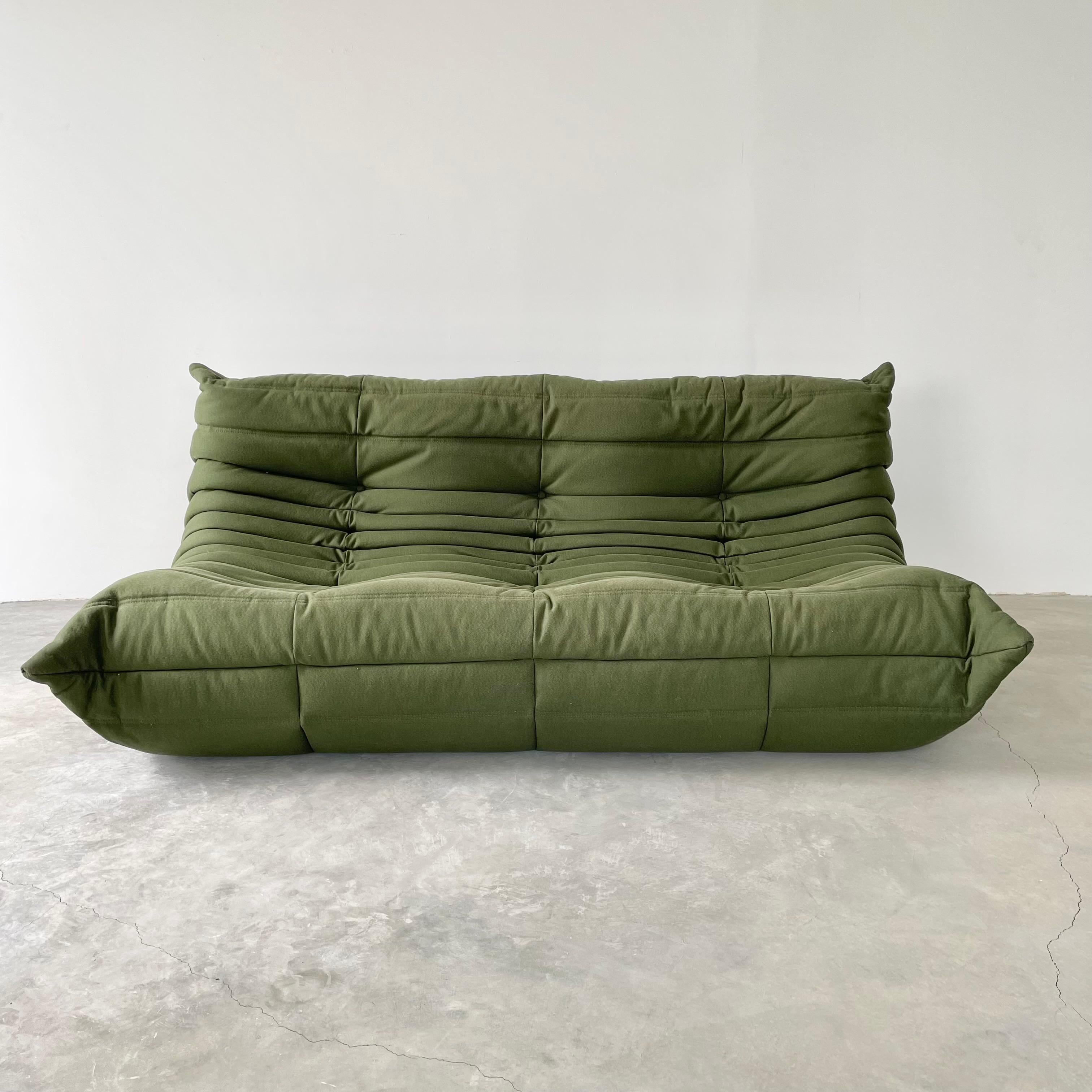 French 1970s Green Canvas 3 Seater Togo by Ligne Roset