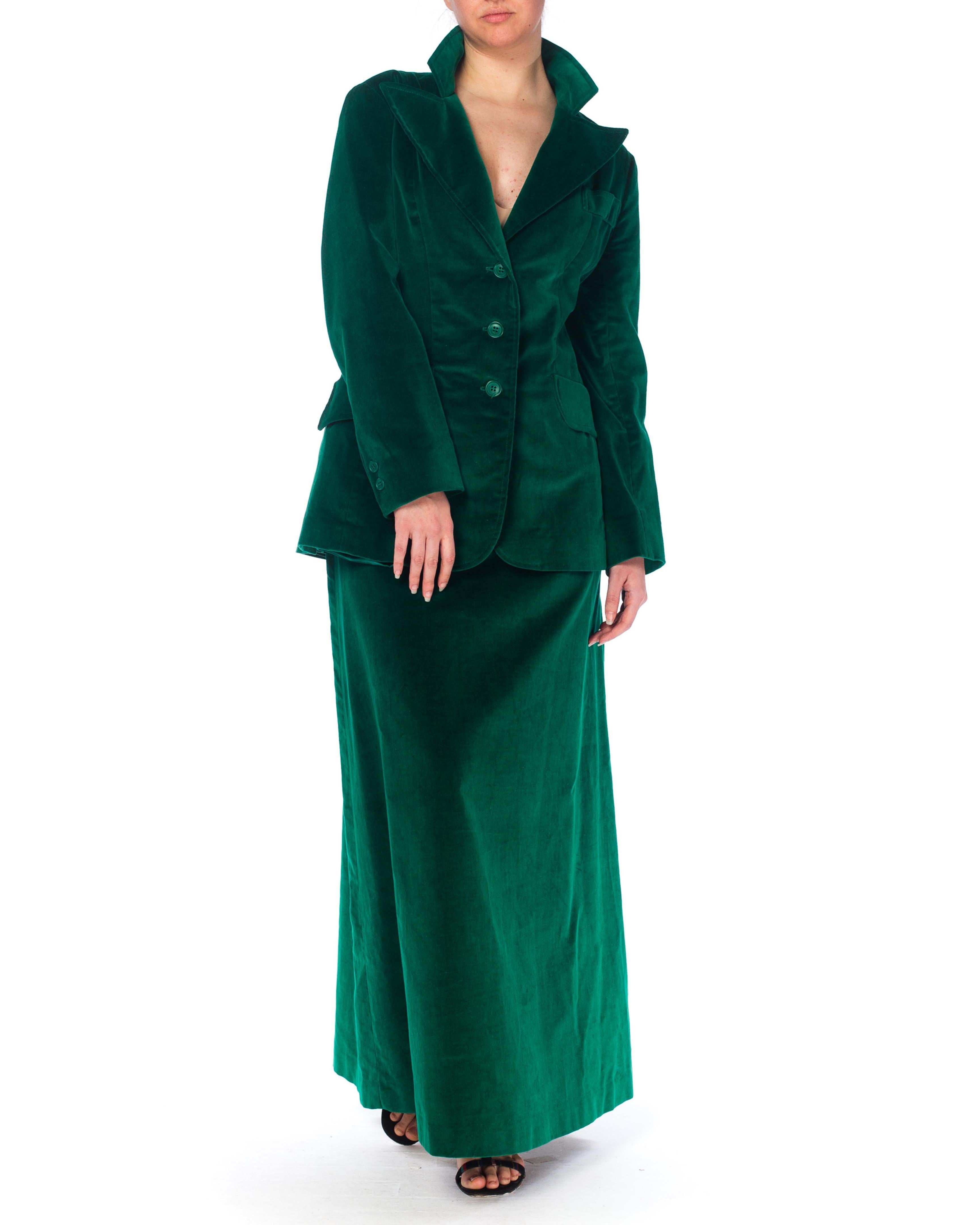 Black 1970S Green Cotton Velvet Maxi Skirt Suit XL For Sale